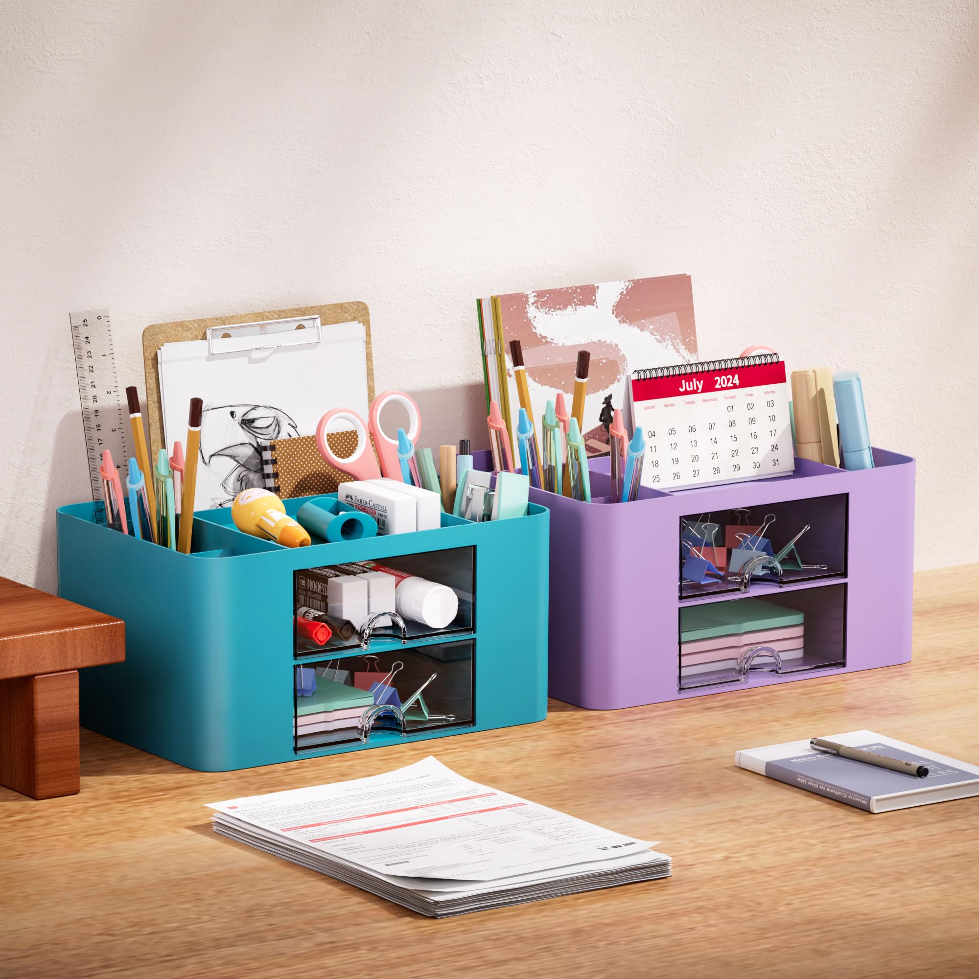 Premium Marbrasse Pen Organizer with 2 Drawers - Multi-Functional Desk Pencil Holder with 5 Compartments for Office & Art Supplies (Dark Green) - Perfect for Home Office, School & Craft Room Organization