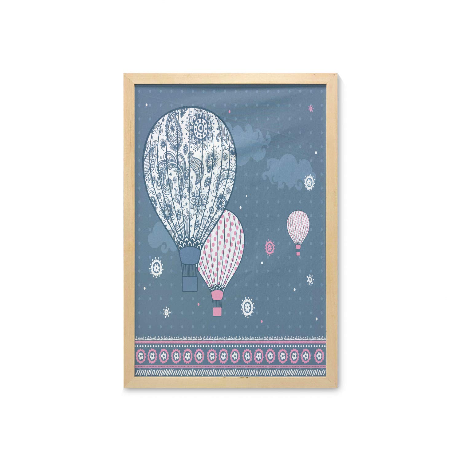 Ambesonne Retro Wall Art with Frame - Hot Air Balloons on Polka Dots & Paisley Print Fabric Poster - 23x35 Inch Slate Blue Pale Pink Decor for Bathroom, Living Room, Bedroom, Dorm - Perfect for Bohemian & Vintage Home Decor