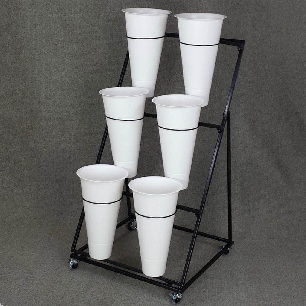 3 Tier Iron Plant Stand with 4 Rubber Wheels - Corner Flower Shelf with 6 Plastic Pots - Sturdy Metal Display for Indoor/Outdoor Plants - Perfect for Florists, Home Garden, Balcony & Patio Decor (White)