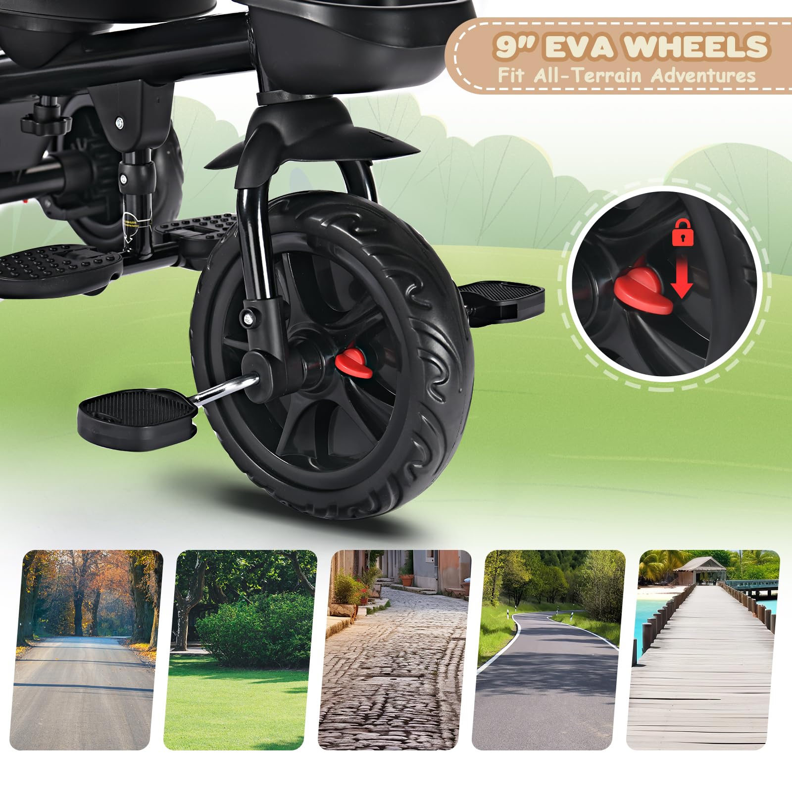 **6-in-1 Kids Tricycle with Removable Canopy & Push Handle – Adjustable Toddler Bike for Boys & Girls 12-60 Months – 360° Swivel Seat, Folding Pedals, EVA Wheels & Storage Basket – Perfect for Outdoor Play, Park Rides & Learning Balance (Black)**