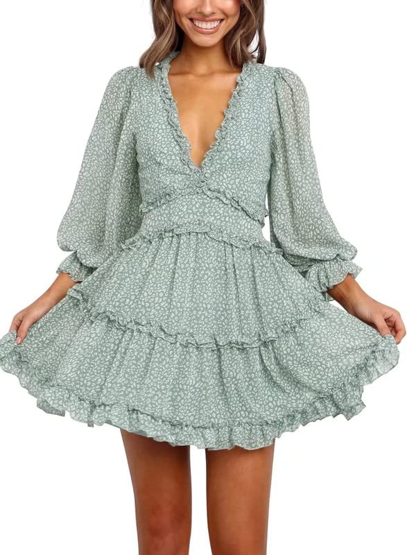 Dokotoo Women's Floral Print Mini Dress - Deep V Neck, Ruffle Long Sleeve, Spring Summer Fashion 2023 | Perfect for Date Night, Cocktail Party & Vacation Outfits