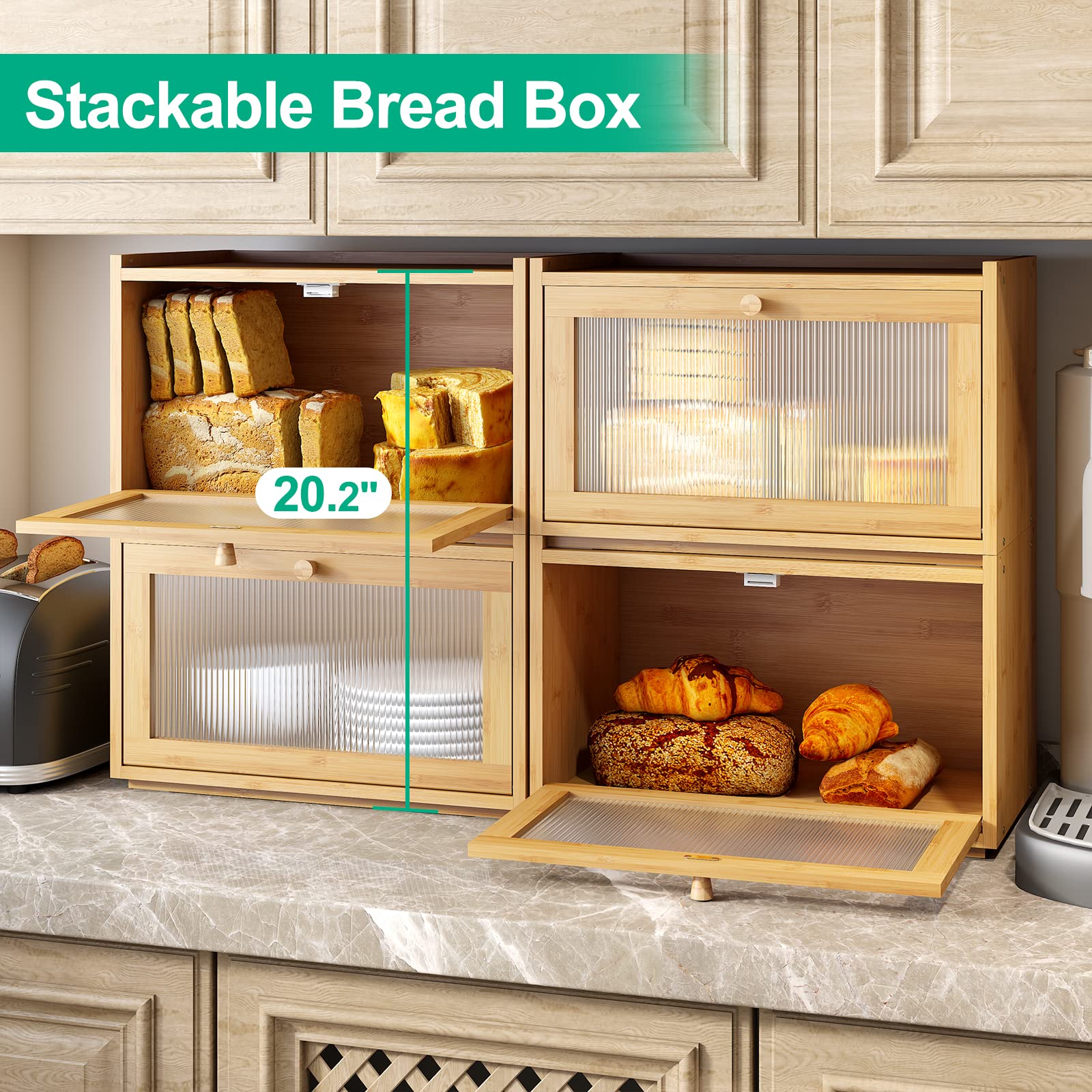 Large Bamboo Bread Box for Kitchen Counter - Farmhouse Style Bread Storage Container with Wavy Acrylic Transparent Door | Perfect for Storing Bread, Pastries & Baked Goods in Your Home Kitchen