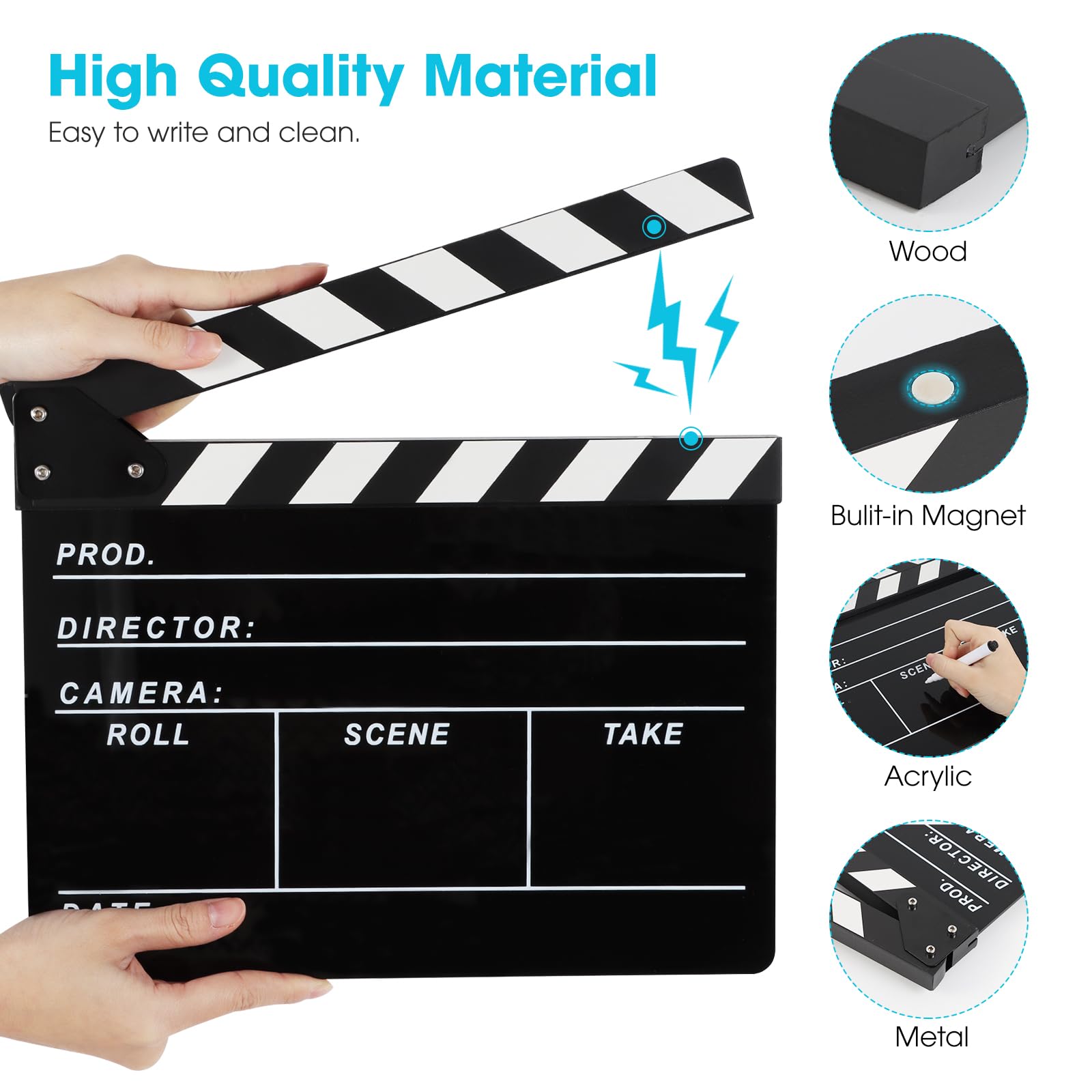 Professional Directors Clapboard for Film & Video Production - Hollywood Slate with Magnetic Blackboard Eraser, 2 Custom Pens, Cleaning Cloth & Hex Wrench - Perfect for Movie Sets, TV Shows, YouTube Videos & Student Filmmaking