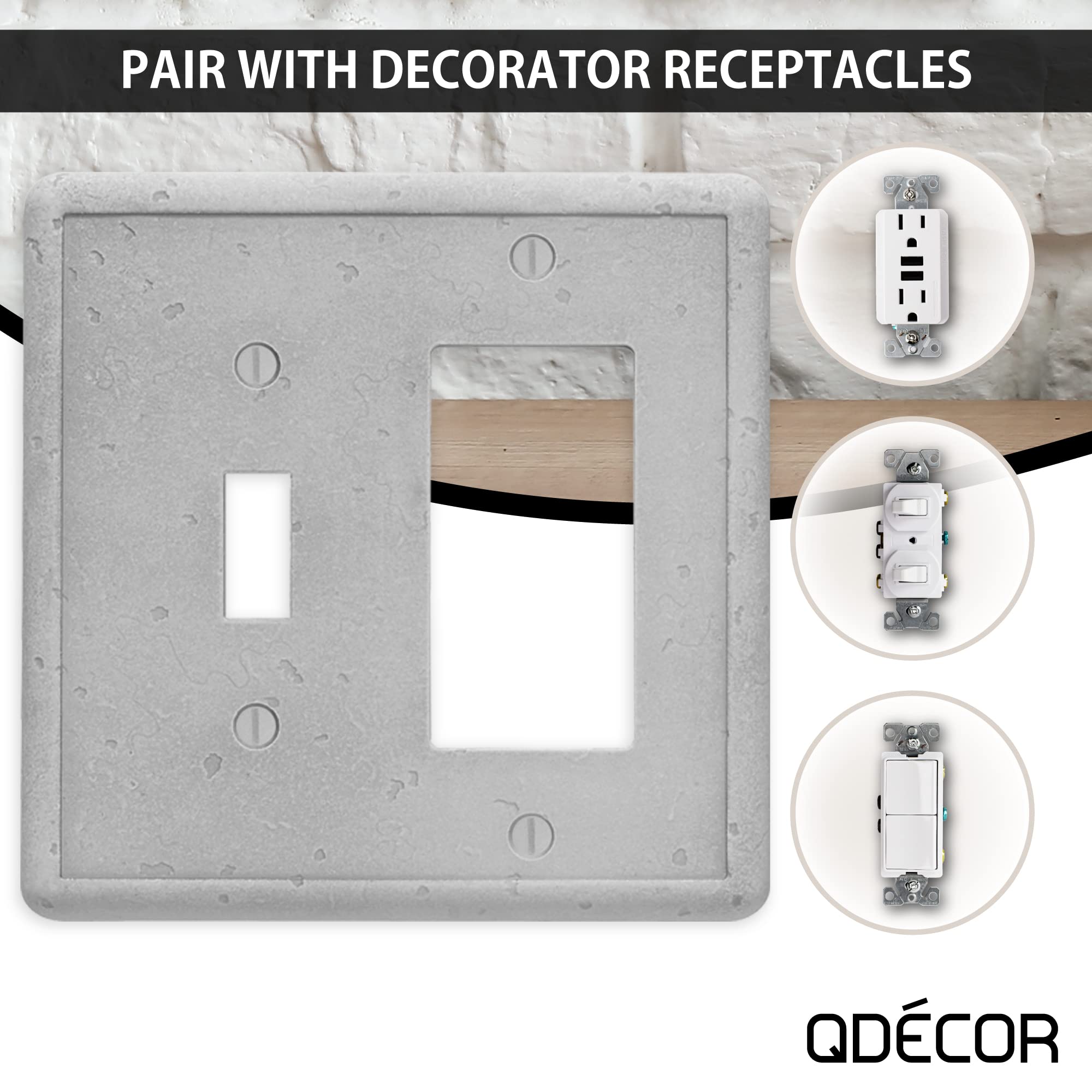 Questech Decor Single Toggle/Single Rocker GFCI Combo Light Switch Cover - 2-Gang Electrical Wall Plate, Standard Size GFCI Cover with Decorative Tumbled Texture in Gray - Perfect for Living Rooms, Bedrooms & Home Renovation Projects
