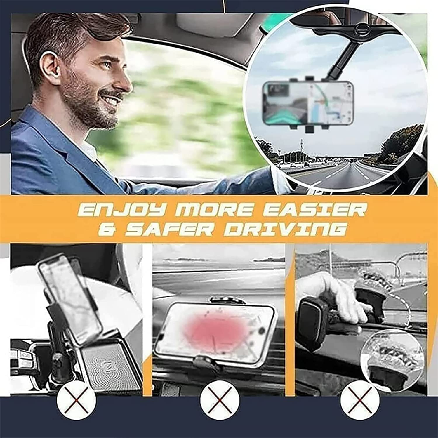Elemenix 360° Rotatable & Retractable Car Phone Mount Holder - Adjustable GPS Phone Stand for Dashboard & Rearview Mirror | Perfect for Hands-Free Navigation, Driving Safety & Road Trips