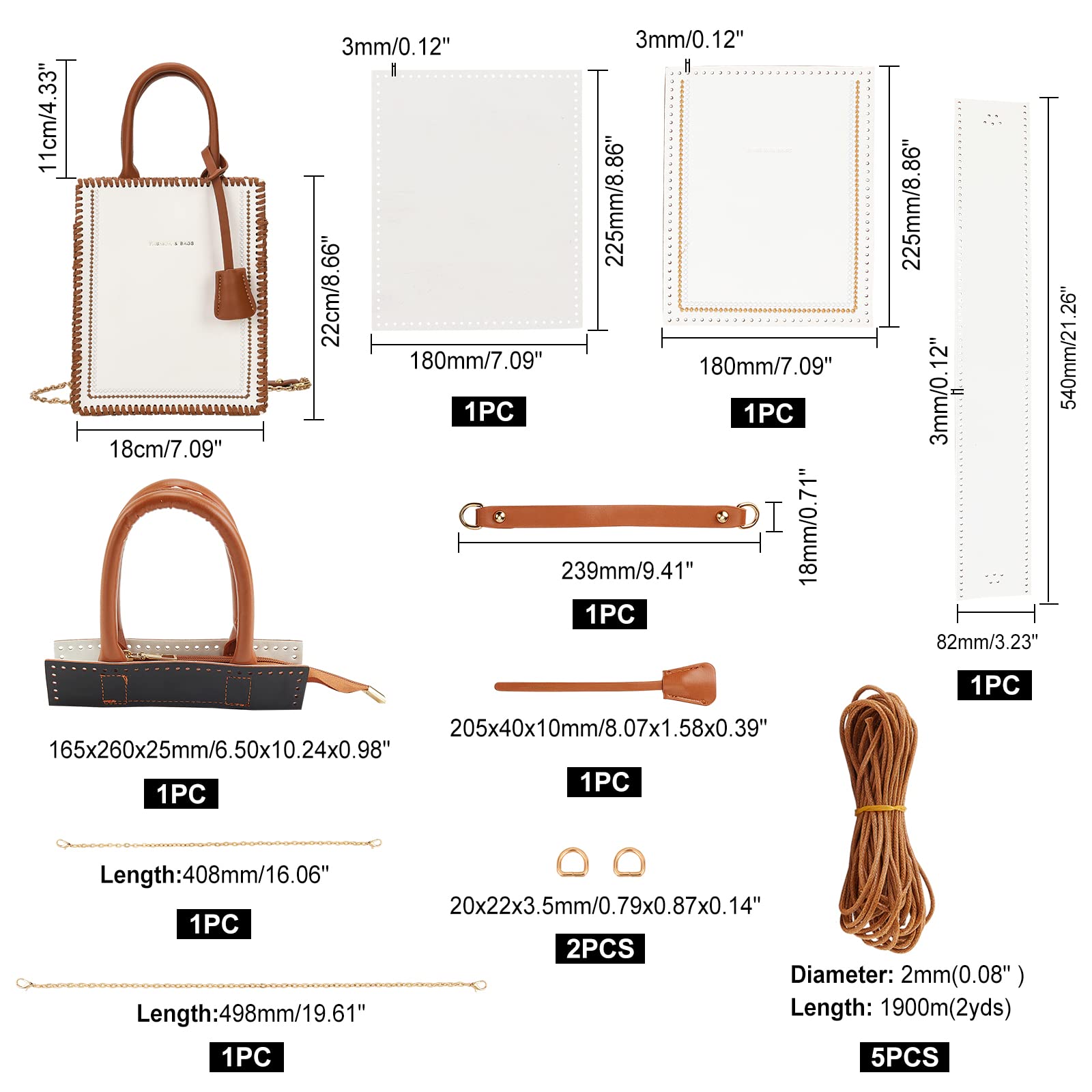 WADORN 15pcs Leather Knitting Crochet Bags Making Kit - DIY Leather Craft Handbag Sewing Material with Purse Cross Stitch Supplies, 7x8.6 Inch (White) - Perfect for Gift Making, Home Crafting & Fashion Accessories