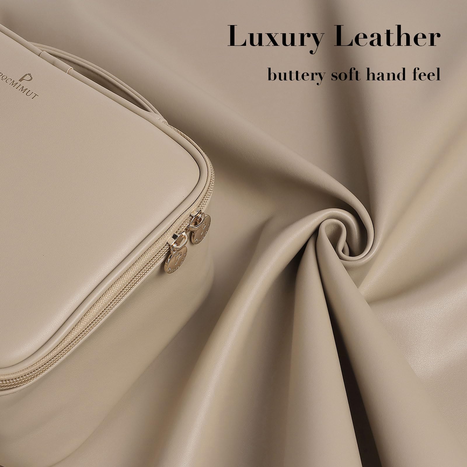 Pocmimut Leather Travel Makeup Bag with Brush Holder - Waterproof Cosmetic Organizer for Women, Perfect for Vacation & Daily Use (Apricot)