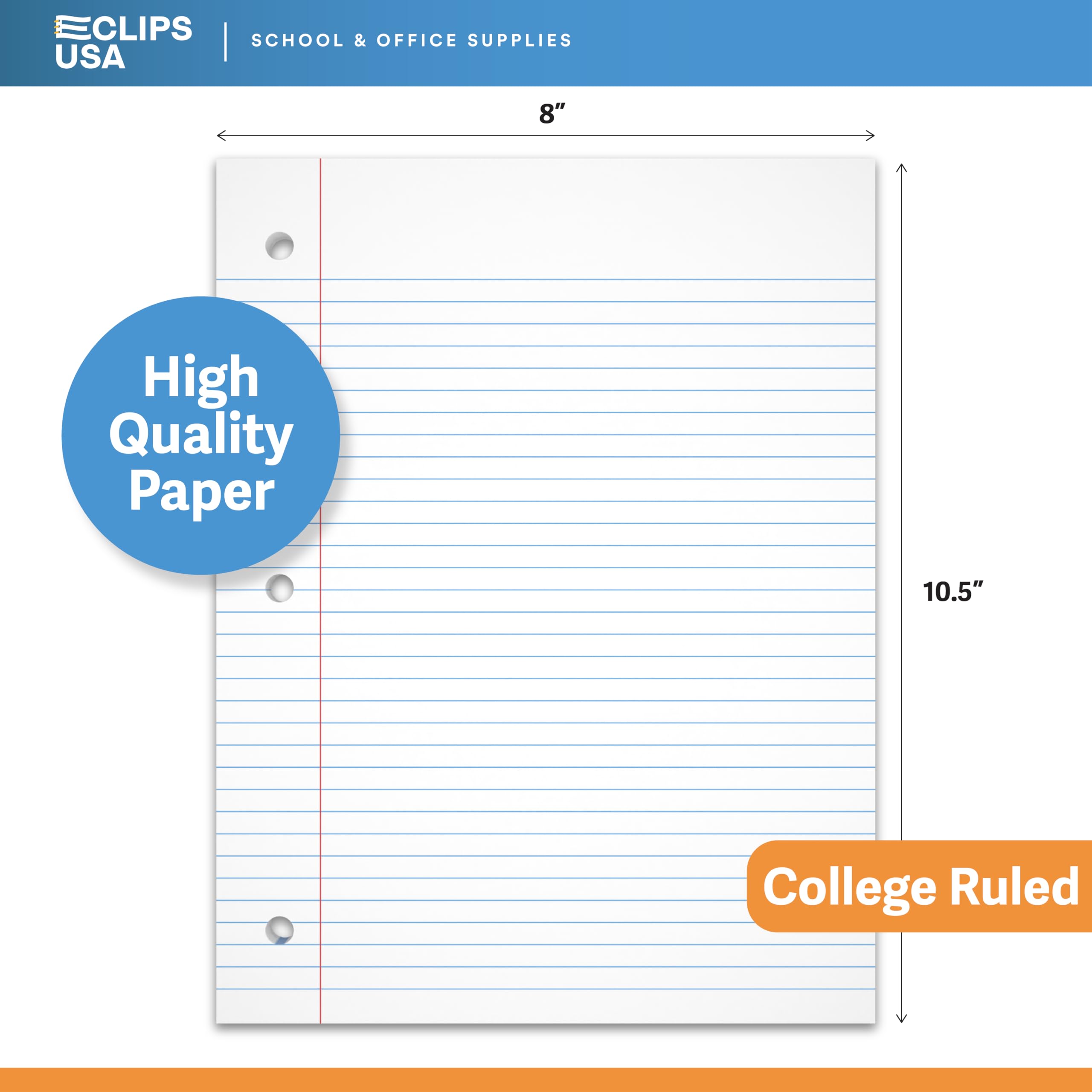 College Ruled Notebook Paper 10.5 x 8 Inches - 56 GSM Filler Paper, 150 Sheets per Pack (3 Packs, 450 Total Sheets) for School, Office & Note Taking - Loose Leaf Paper for Binders & Journals