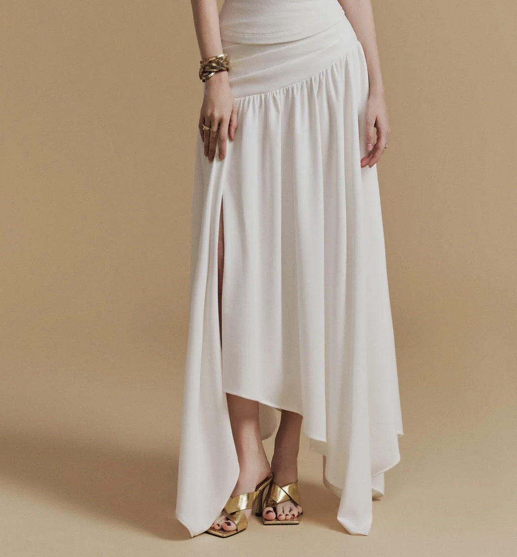 CASSIA Women's Asymmetrical Ruched Top and Midi Skirt Set in White | Elegant Two-Piece Outfit for Party, Date Night & Special Occasions