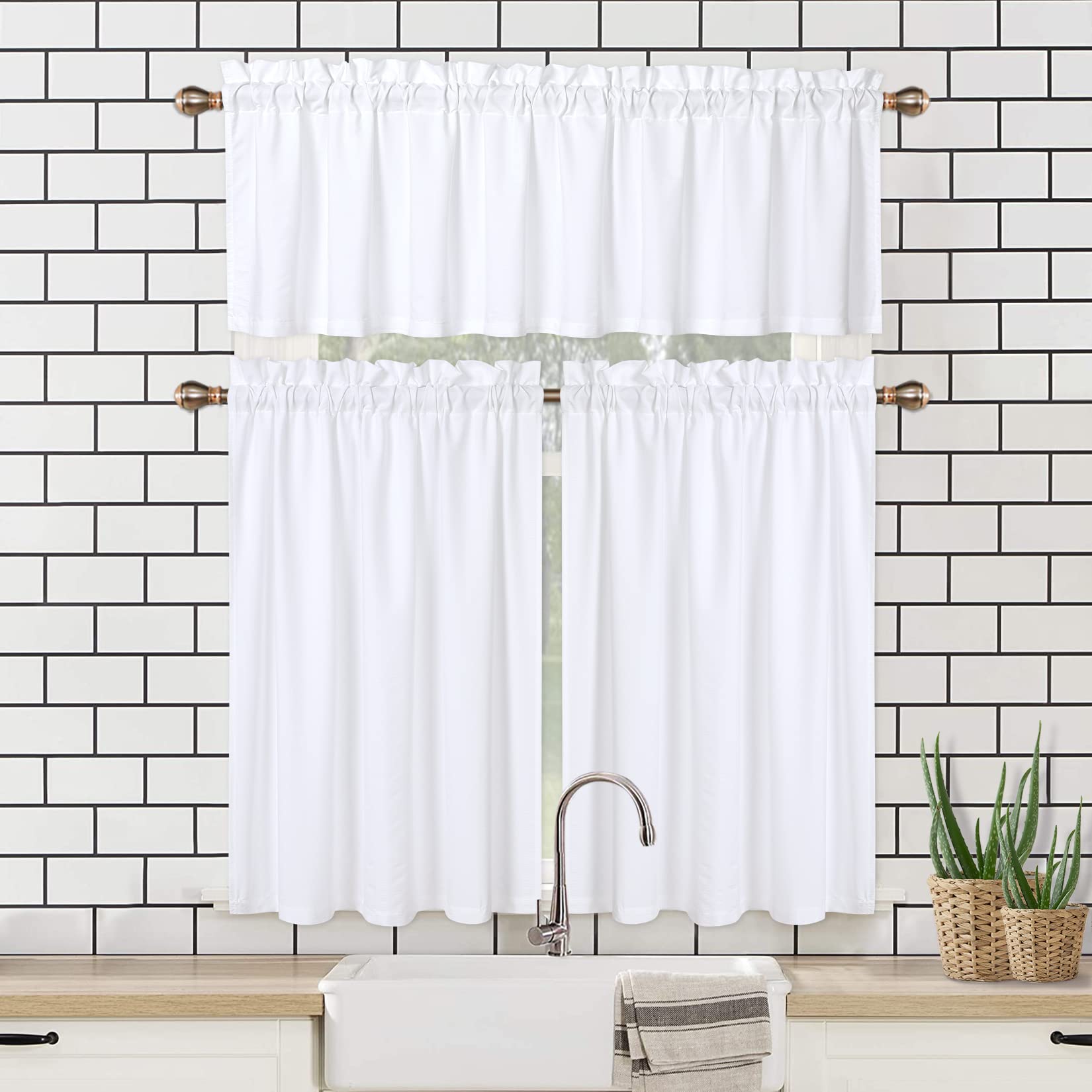 CAROMIO White Valance Curtains for Kitchen & Bathroom - Soft Microfiber Seersucker Fabric with Embossed Bubble Texture - Water Repellent Window Treatment (60