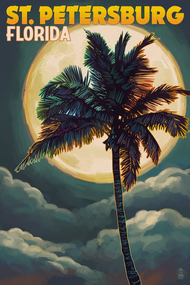 St. Petersburg Florida Palms and Moon 24x36 Signed Art Print - Coastal Wall Decor for Living Room, Beach House & Office