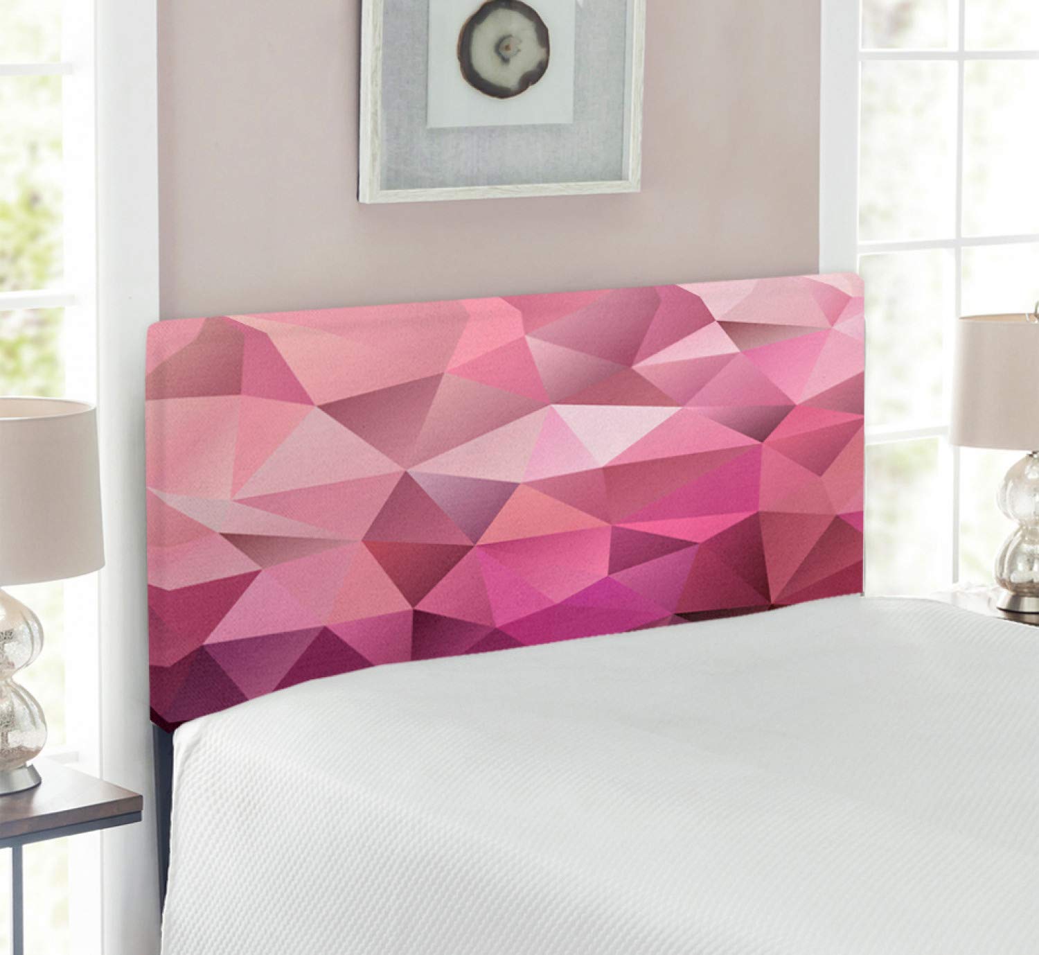 Ambesonne Abstract Triangle Geometric Headboard - Twin Size Upholstered Metal Bed Frame with Memory Foam in Rose Pink | Modern Bedroom Decor for Guest Rooms & Master Suites