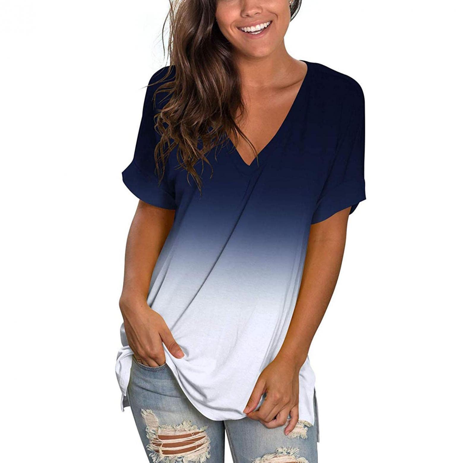 Trendy Women's Summer Short Sleeve V-Neck T-Shirts - Lace Casual Tops, Loose Comfort Fitting Blouse for Everyday Wear, Outings & Date Nights