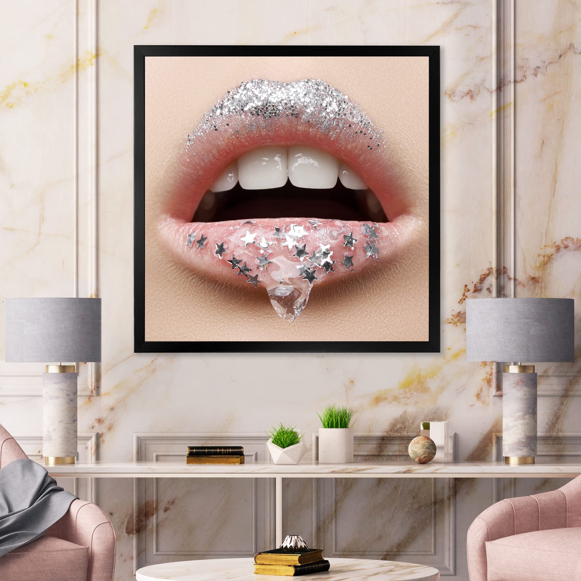 DesignQ Modern Framed Wall Art - Female Lips with Gel & Stars - Perfect for Living Room, Bedroom, or Office Decor