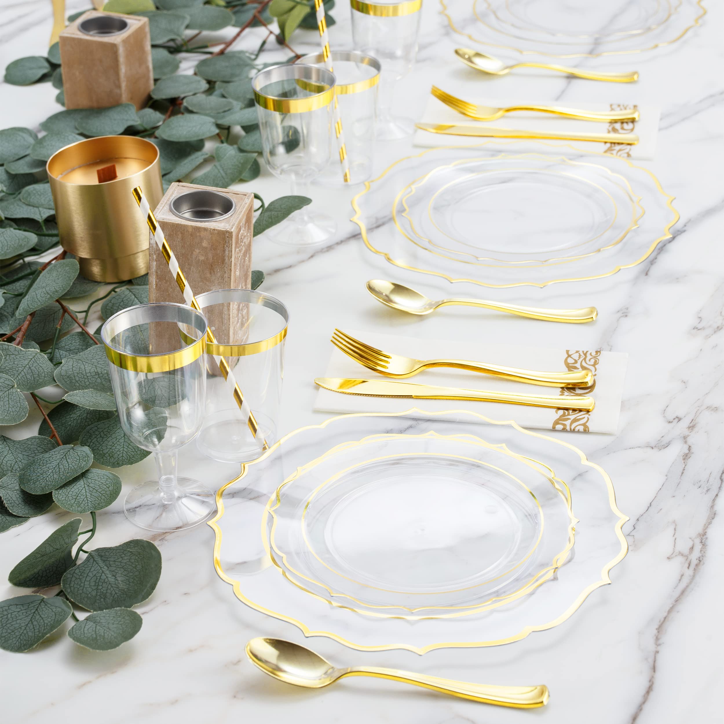 200-Piece Baroque Gold Rimmed Disposable Dinnerware Set - Heavy Duty Plastic Plates, Cutlery & Napkins for 25 Guests | Elegant Wedding, Party & Event Tableware | Includes Dinner Plates, Dessert Plates, Spoons, Forks, Knives & Cups