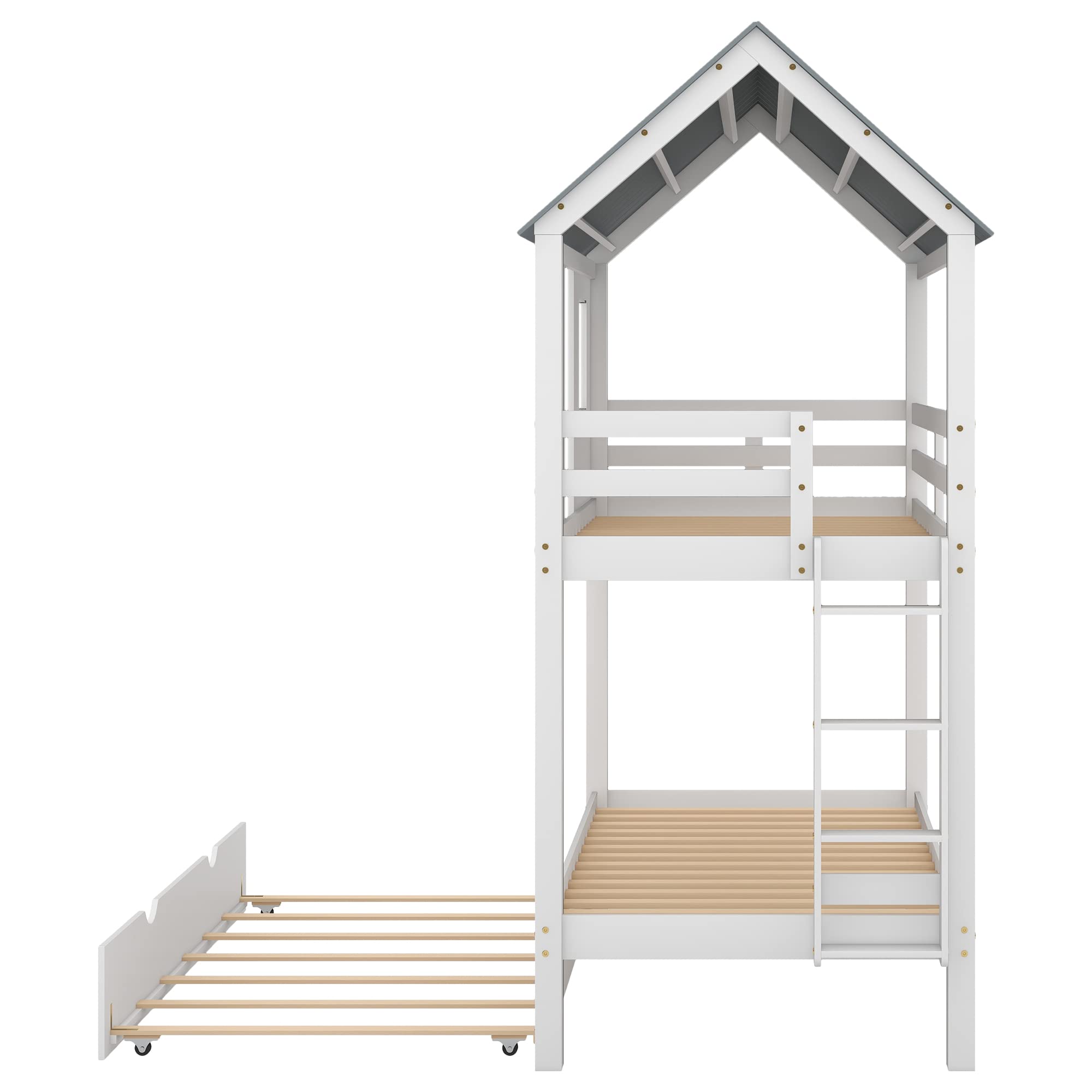 LZ LEISURE ZONE Twin Over Twin Bunk Bed with Trundle - Solid Wood House Style Bed Frame with Roof, Window, Safety Guardrail & Ladder - Perfect for Kids' Bedroom, Guest Room or Vacation Home (White)