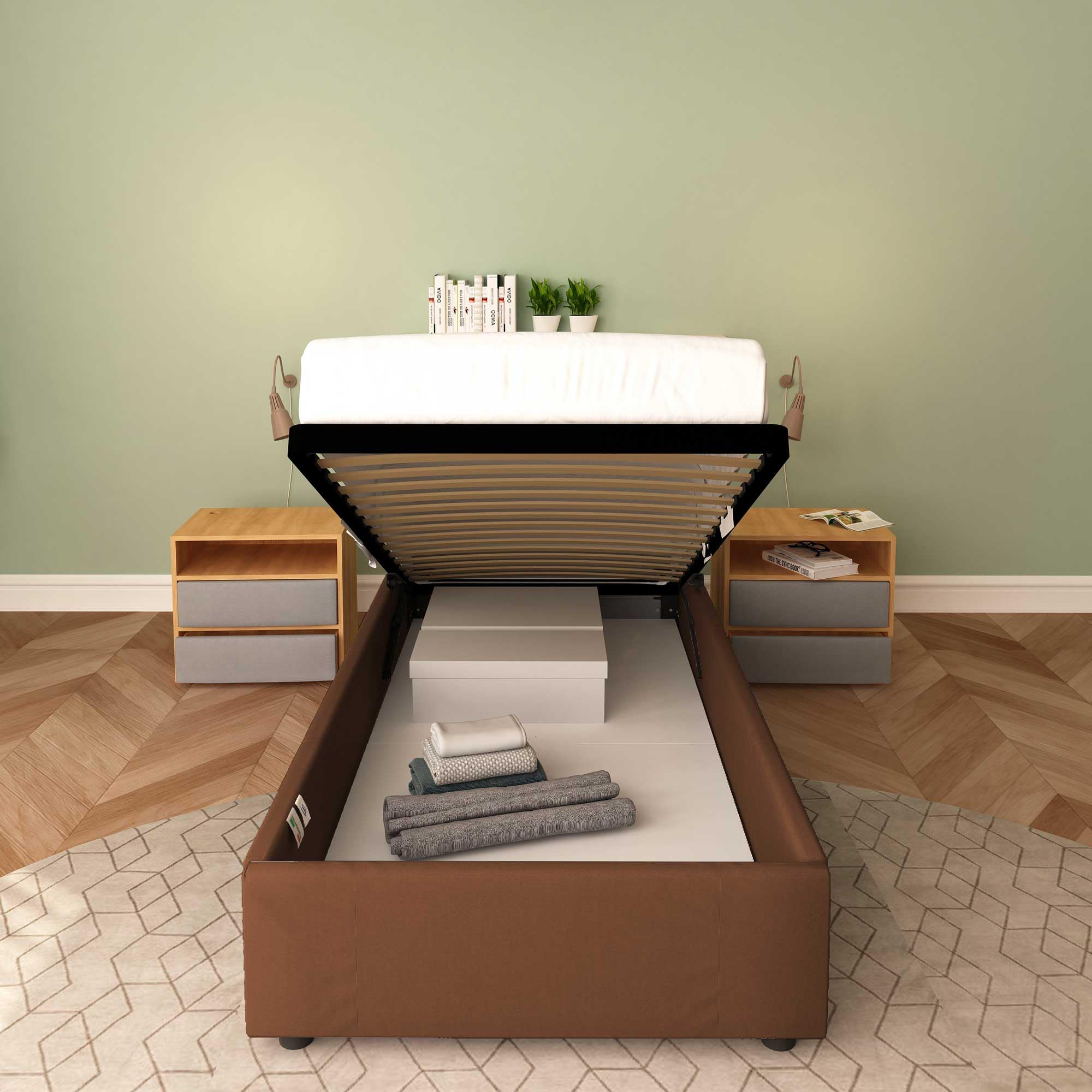 Baldiflex Cloe Square and Half Bed with Fabric Storage, No Headboard, Slatted Base for Mattresses, 100 x 200 cm, Brown - Perfect for Small Bedrooms, Guest Rooms, and Space-Saving Solutions