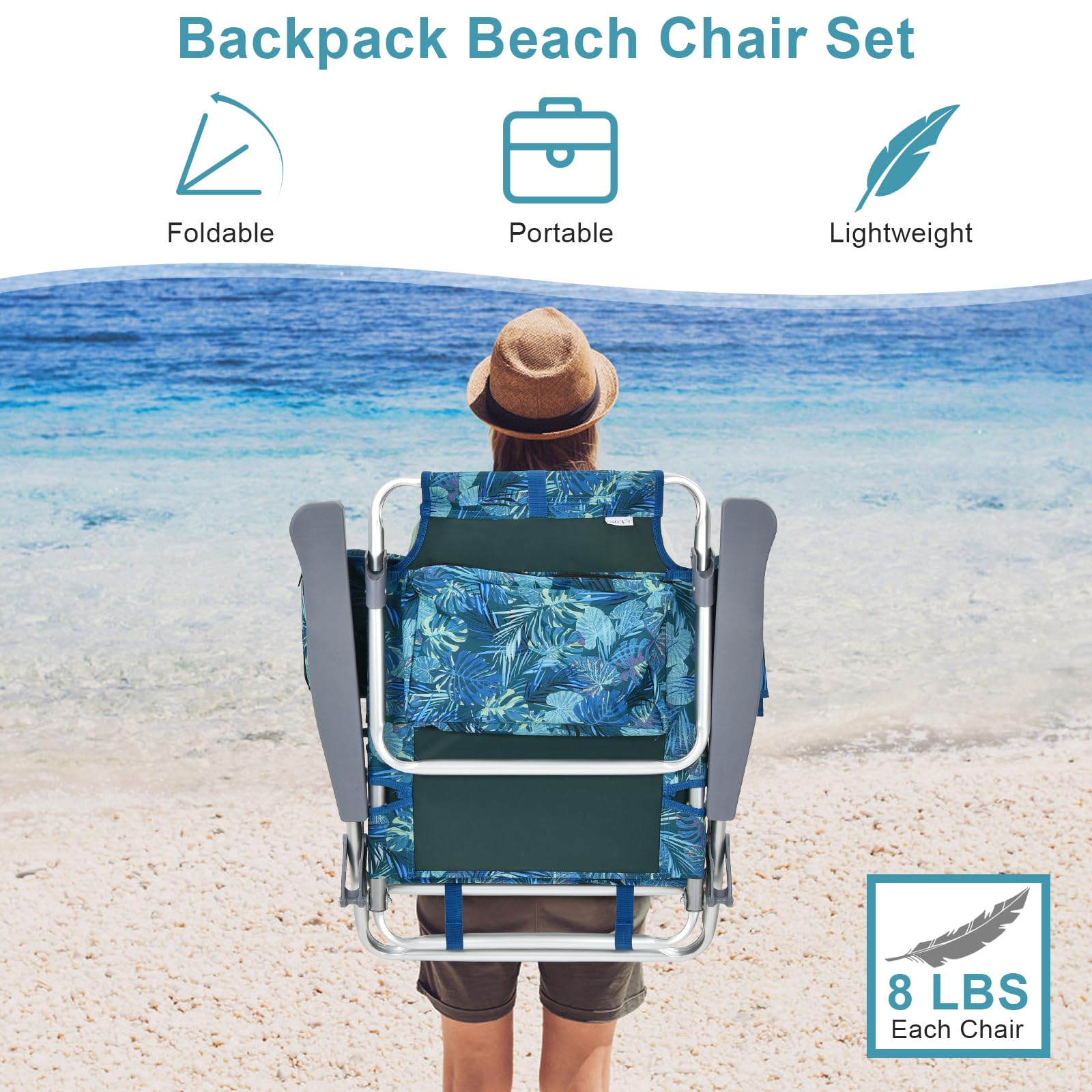 GYMAX 4-Pack Portable Folding Beach Chairs with Cooler Bag, Cup Holder & Pockets - Lightweight Backpack Camping Chairs for Outdoor, Picnic, Poolside, Backyard & Beach Relaxation (Blue Leaves)