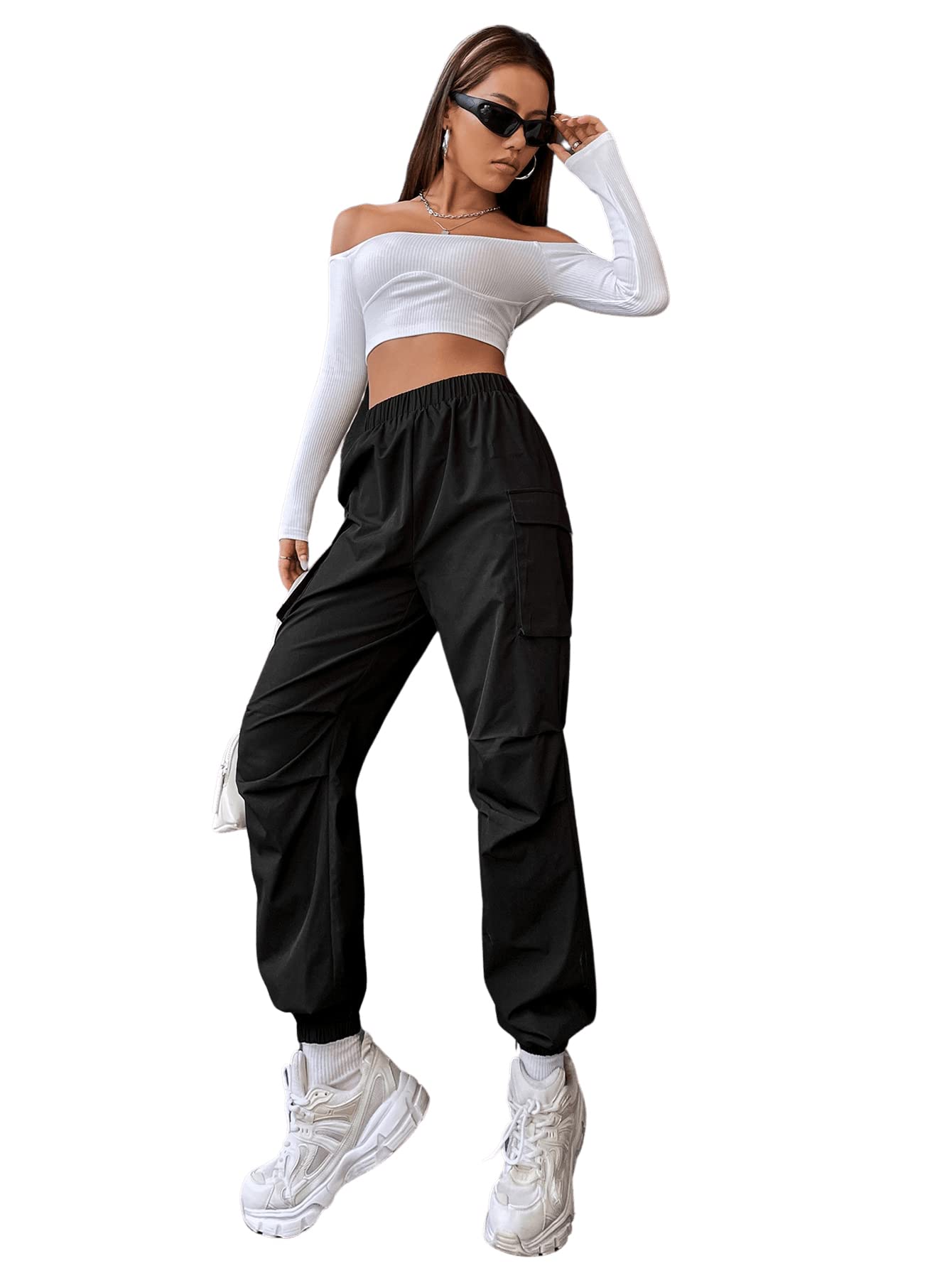 SweatyRocks Women's High Waist Cargo Pants - Solid Color Tapered Fit with Button Closure & Flap Pockets | Casual Streetwear, Outdoor Hiking, Workwear Fashion