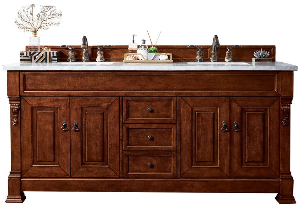 Brookfield 72 Inch Double Bathroom Vanity with Warm Cherry Finish & 3CM Arctic Fall Solid Surface Top - Perfect for Master Bathroom Remodeling