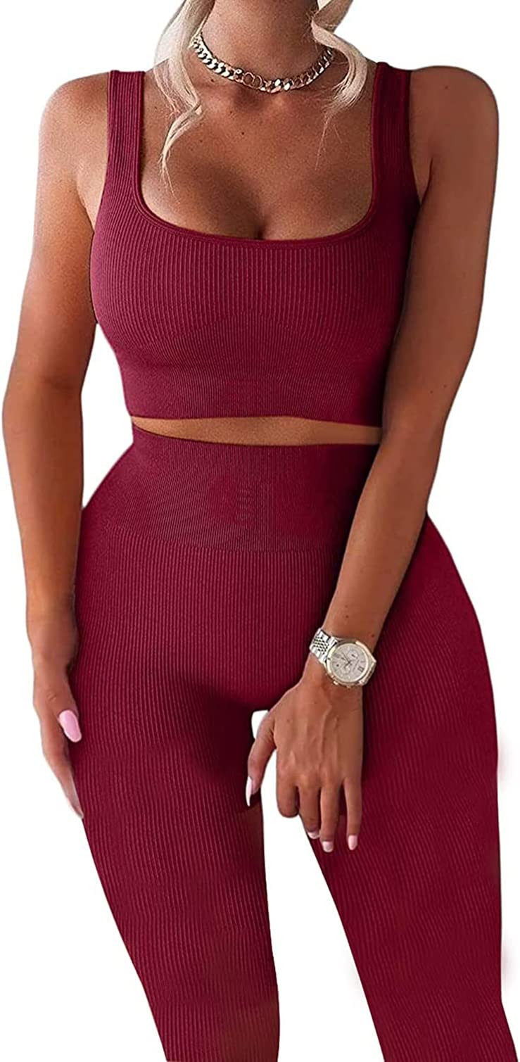 Women's 2-Piece Seamless Ribbed Workout Set - Crop Tank Top & High Waist Yoga Shorts | Gym, Running, Pilates & Lounge Wear