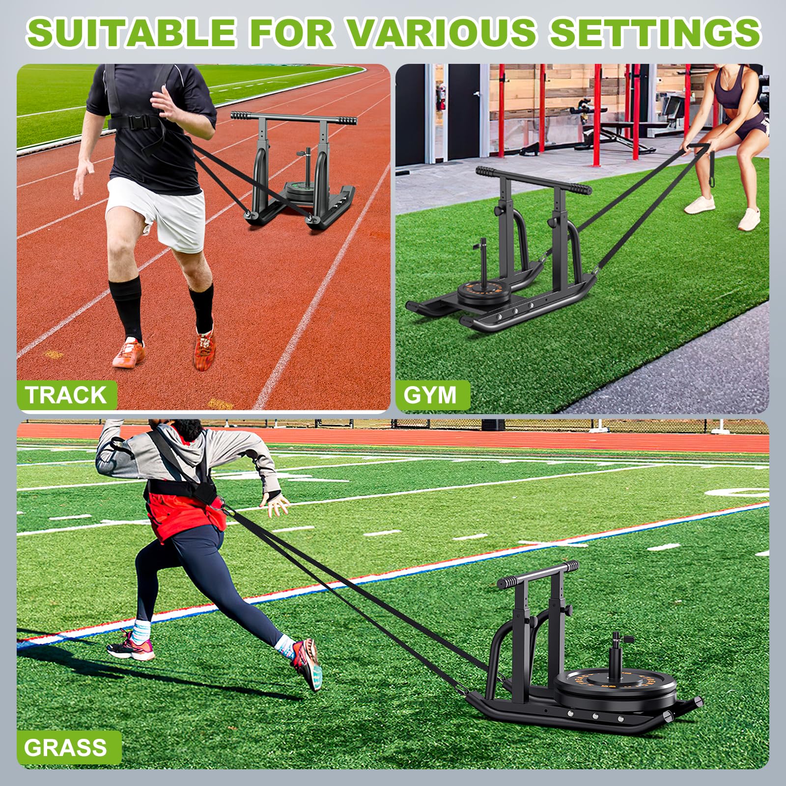 Heavy Duty Weight Sled for Strength Training - Adjustable Push Pull Gym Sled with Height-Adjustable Handle - Fitness Equipment for Muscle Building & Speed Improvement - Compatible with 1