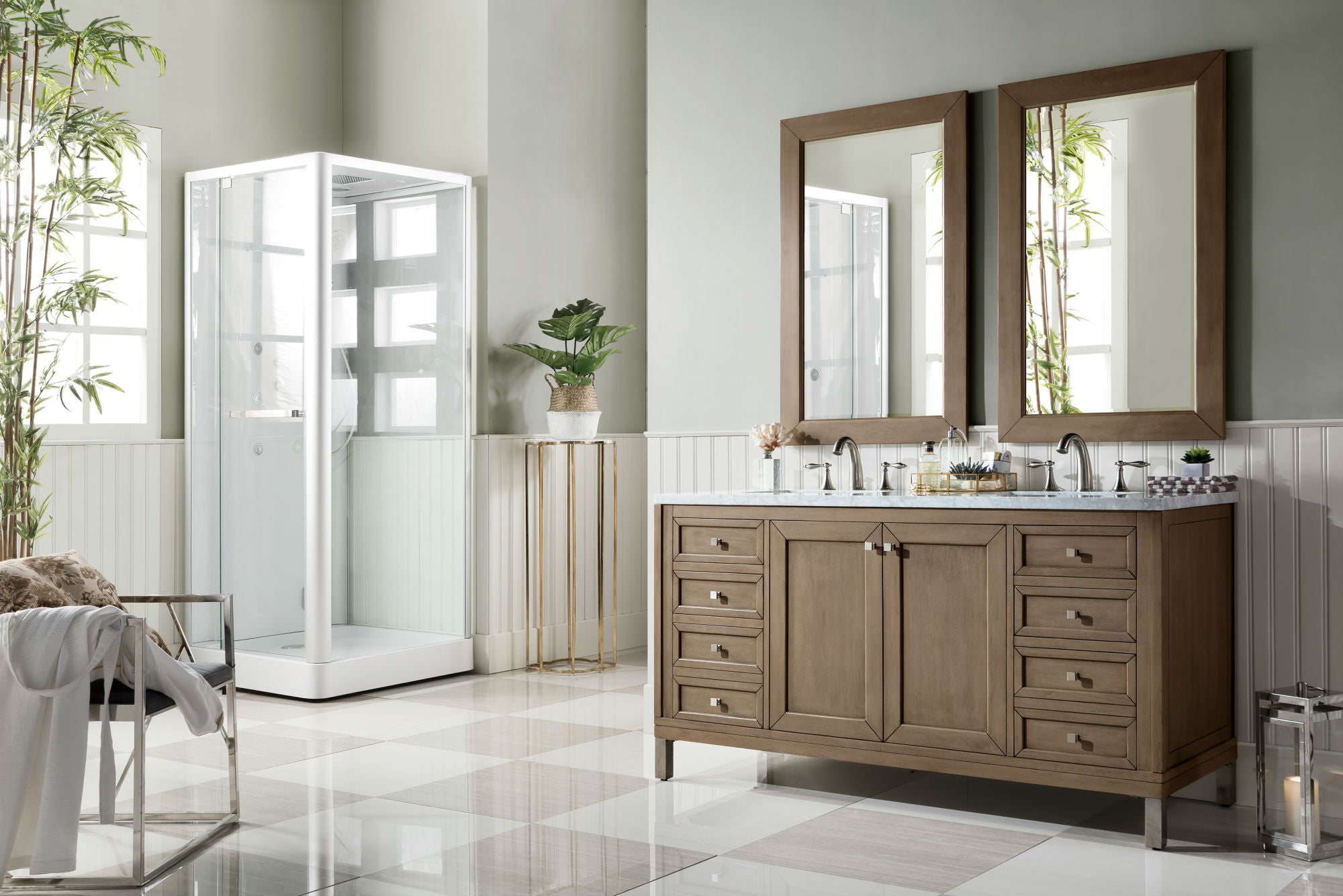 Chicago 60-Inch Double Bathroom Vanity - Whitewashed Walnut with 3CM Carrara Marble Top | Modern Farmhouse Bathroom Furniture for Master & Guest Bathrooms