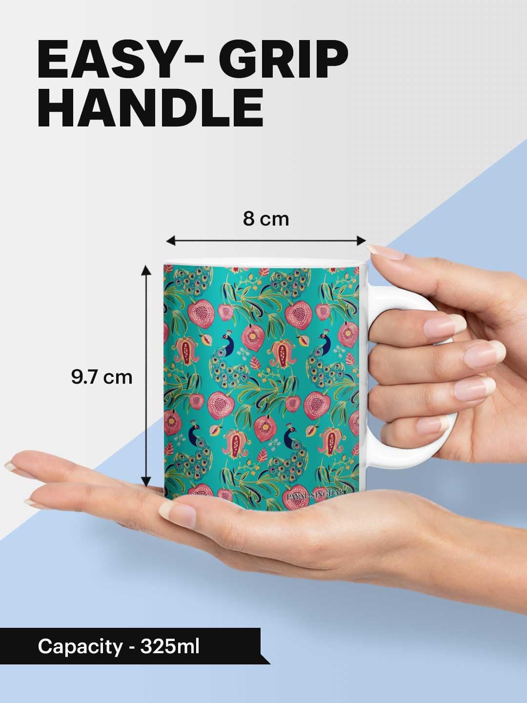 Macmerise Payal Singhal Anaar and Mor Teal Ceramic Coffee Mug - Premium 325ml HD Printed Tea Cup, Microwave & Dishwasher Safe, Durable Hygienic Ceramic - Perfect for Home, Office, Gifts & Boho Decor
