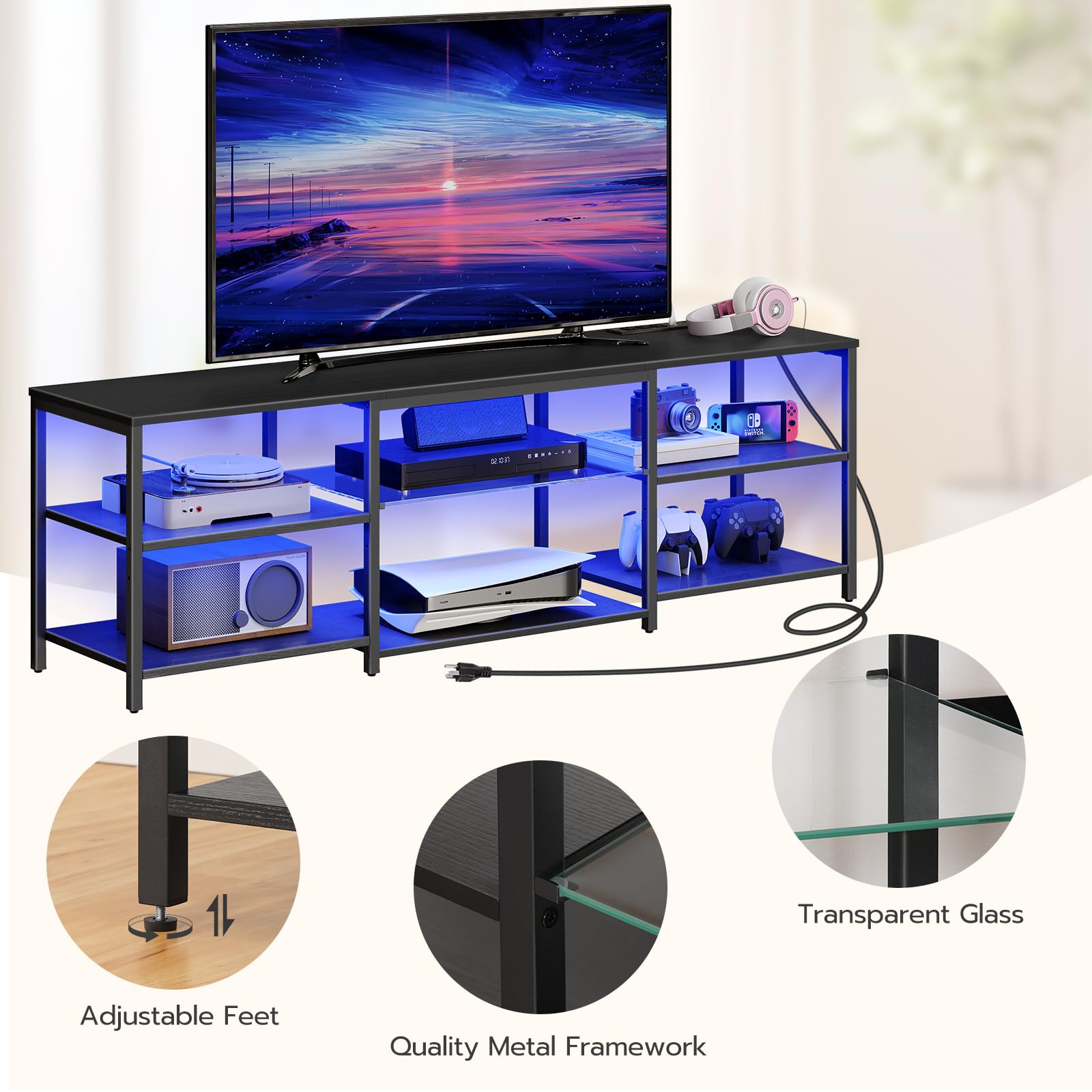 HOOBRO 75 Inch LED TV Stand with Charging Station & 3-Tier Open Storage - 63