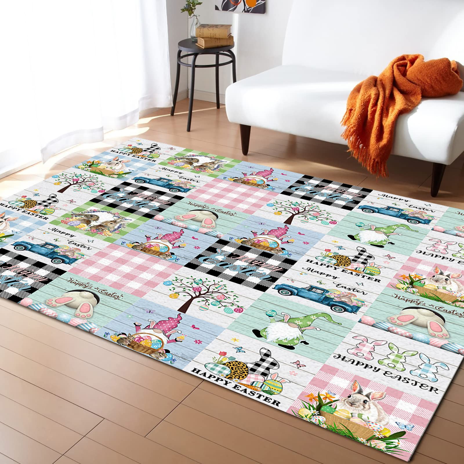 Non-Slip Contemporary Indoor Area Rug 5' x 8' - Fade-Proof Washable Rubber Backed Carpet with Rabbit Gnome Truck Eggs Black Plaid Design for Living Room, Bedroom, Dorm & Office Decor