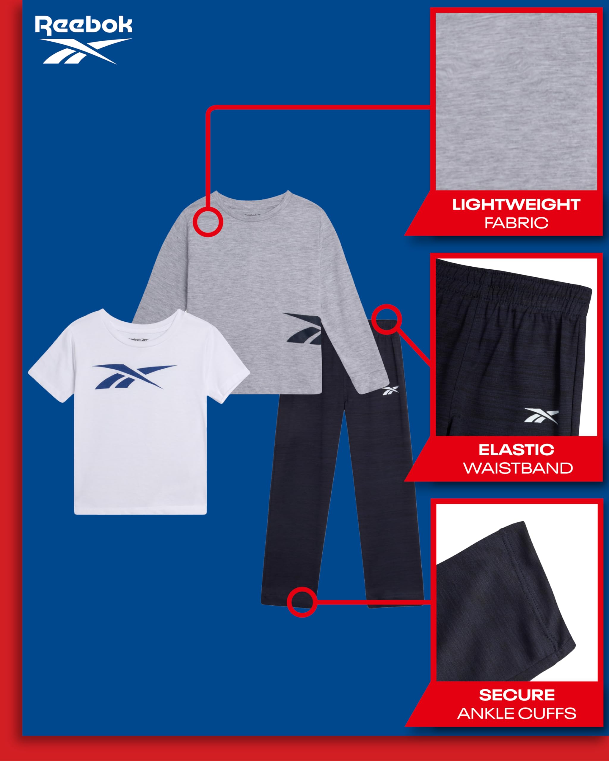 Reebok Baby Boys' 3-Piece Jogger Set - Short Sleeve T-Shirt & Sweatpants Playwear Outfit for Infants & Toddlers | Comfortable Casual Wear for Playdates, Daycare & Outdoor Activities