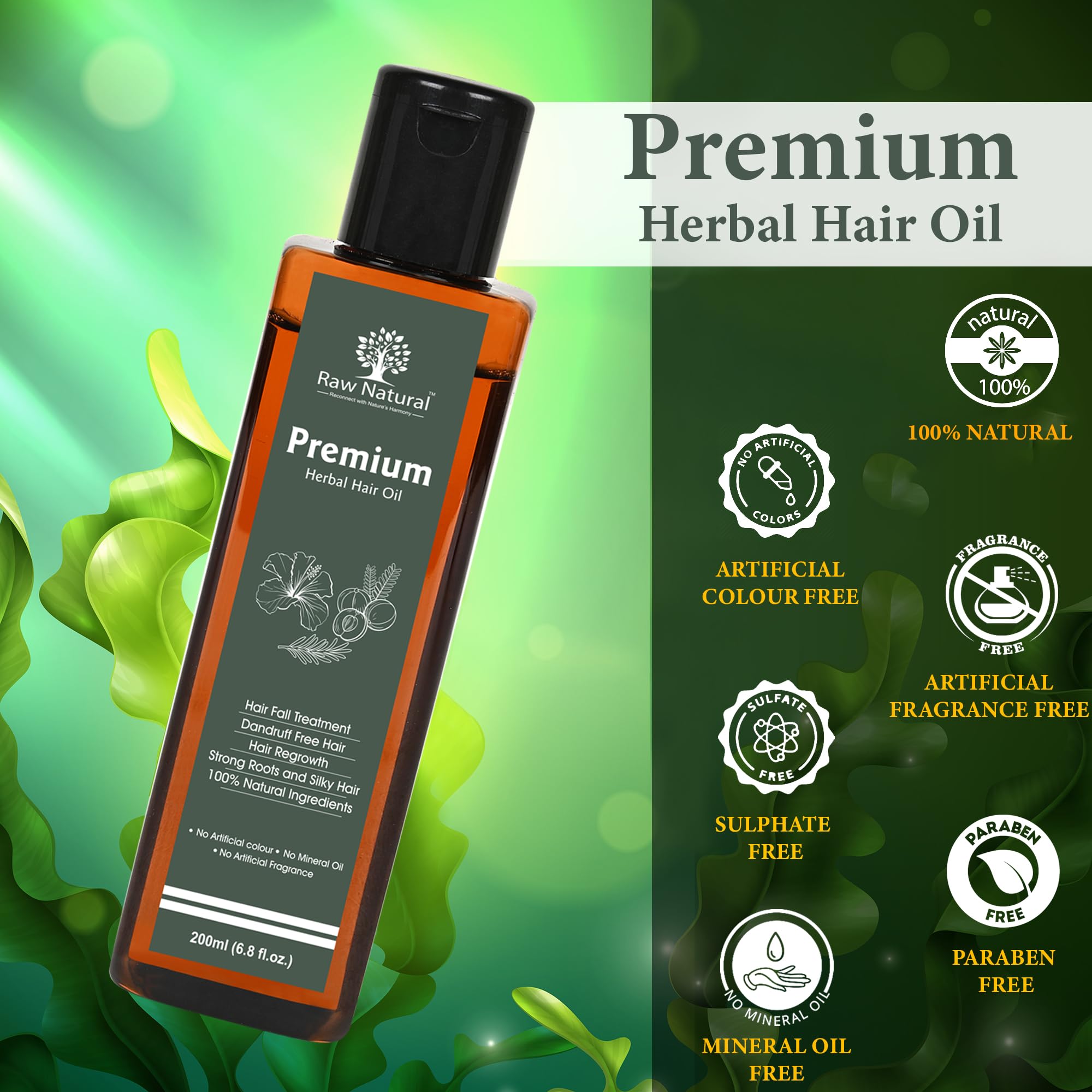 Premium Natural Herbal Hair Oil with Amla, Bhringraj & Rosemary - Chemical-Free Hair Fall Treatment for Strong, Shiny Hair & Regrowth | Mineral Oil Free | 200ml | Perfect for Daily Hair Care, Scalp Massage & Damaged Hair Repair