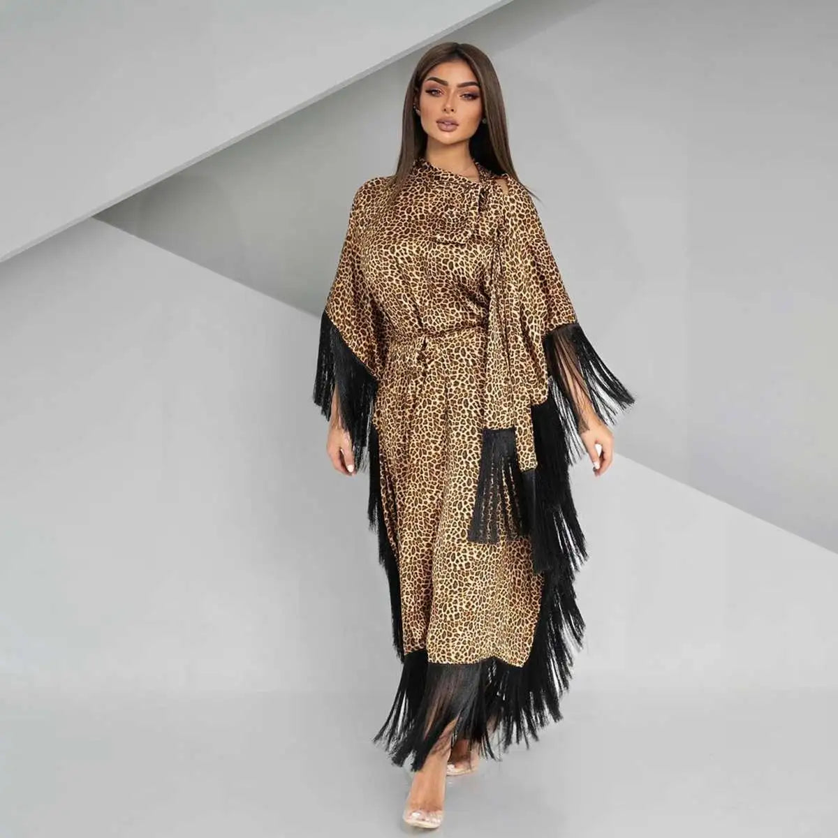 Leopard Print Tassel Sleeve Caftan Dress for Women - Boho Chic Beach Cover Up, Pool Party, Vacation & Summer Outfit