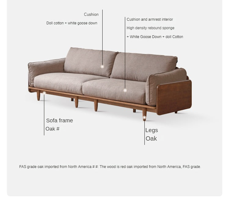 Oak Solid Wood Leather & Fabric Straight Sofa - Durable Modern Living Room Furniture for Home & Office