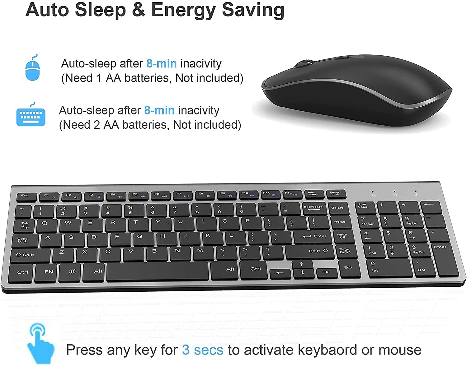 JOYACCESS 2.4G Wireless Keyboard and Mouse Combo - Ergonomic Slim Design for Windows PC, Laptop & Tablet (Black Grey) - Perfect for Office Work, Gaming & Home Computing