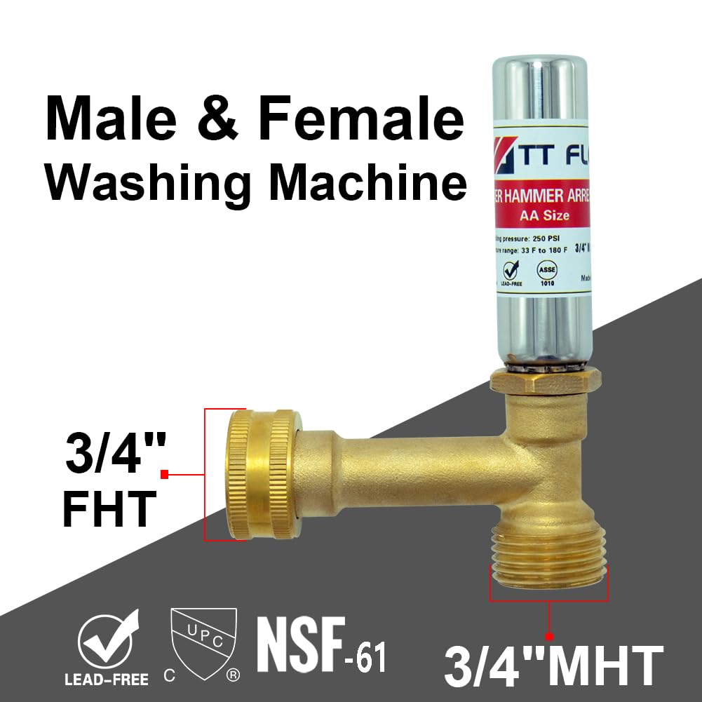 TT FLEX 3/4 Inch Stainless Steel Water Hammer Arrestor - Swivel FHT x MHT - Prevents Pipe Noise & Damage - Perfect for Washing Machines, Dishwashers & Garden Hose Systems (Home Plumbing Solution)