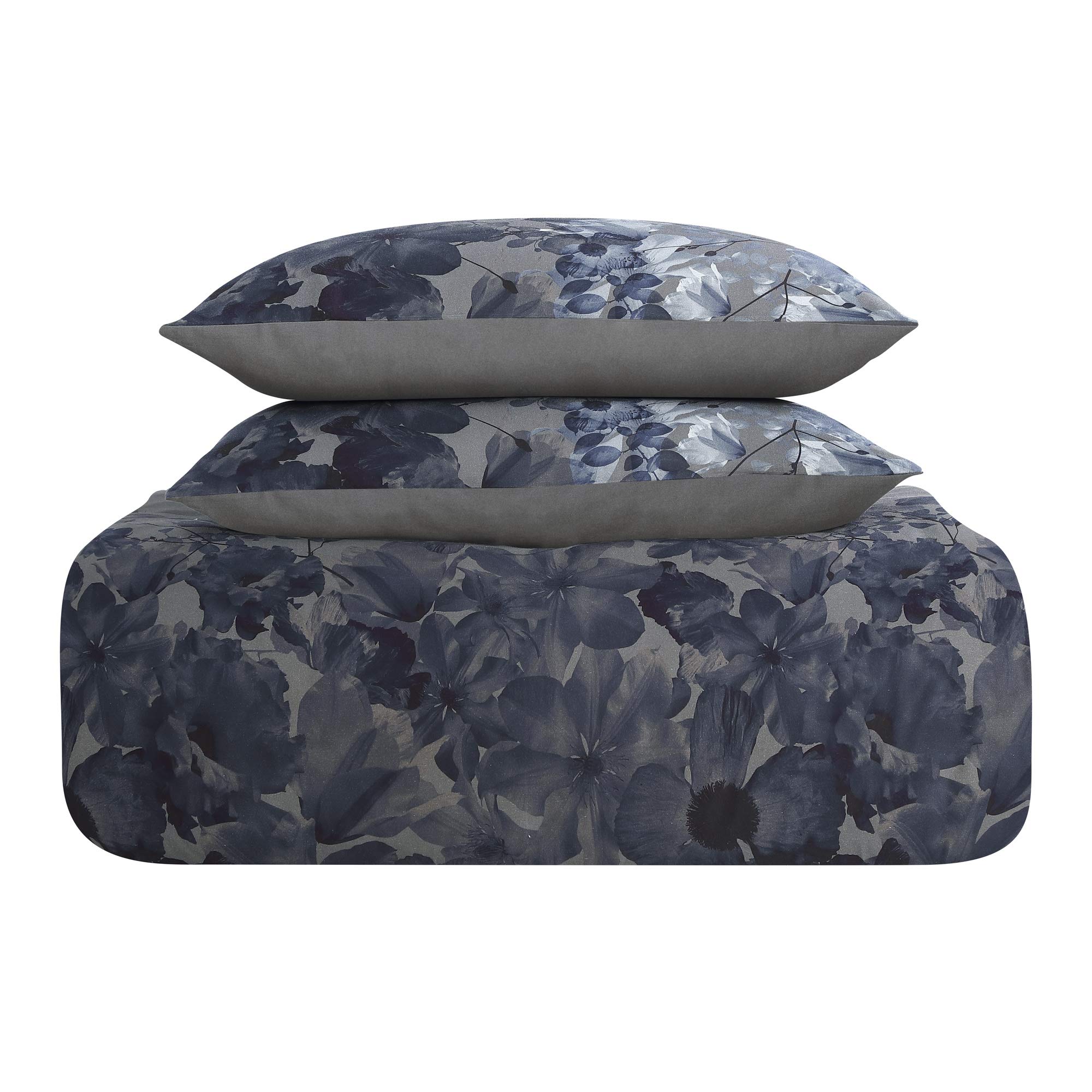Brielle Camila Floral Printed & Charcoal Reverse 100% Cotton Duvet Cover Set - Blue & Charcoal - Full/Queen Size - Soft & Breathable Bedding for Cozy Bedroom Decor