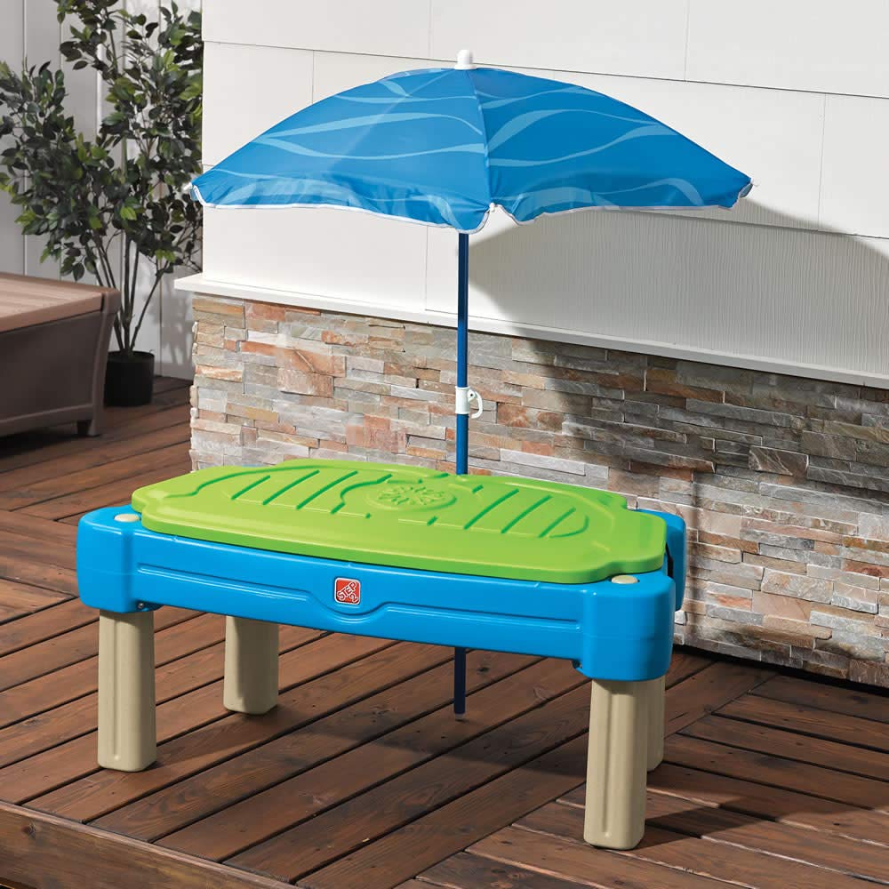 Step2 Cascading Cove Sand & Water Table - Outdoor Sensory Play Activity Set for Toddlers 1.5+ Years | Includes Umbrella & 7 Toy Accessories | Perfect for Backyard, Beach & Summer Water Play