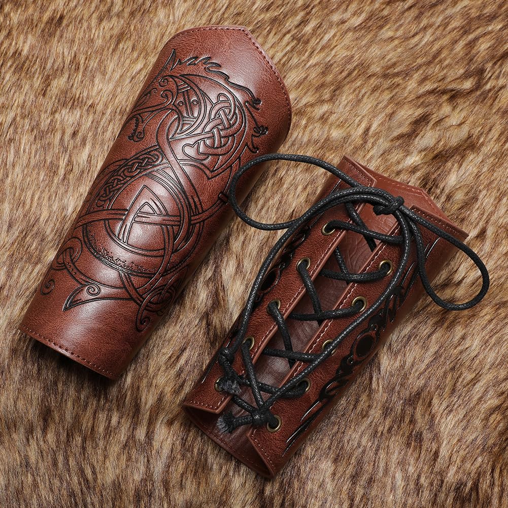 Medieval Leather Bracers for Men - Dragon Embossed Viking Armor Cuffs - Handmade Leather Arm Guards for LARP, Cosplay, Renaissance Fairs & Historical Reenactment