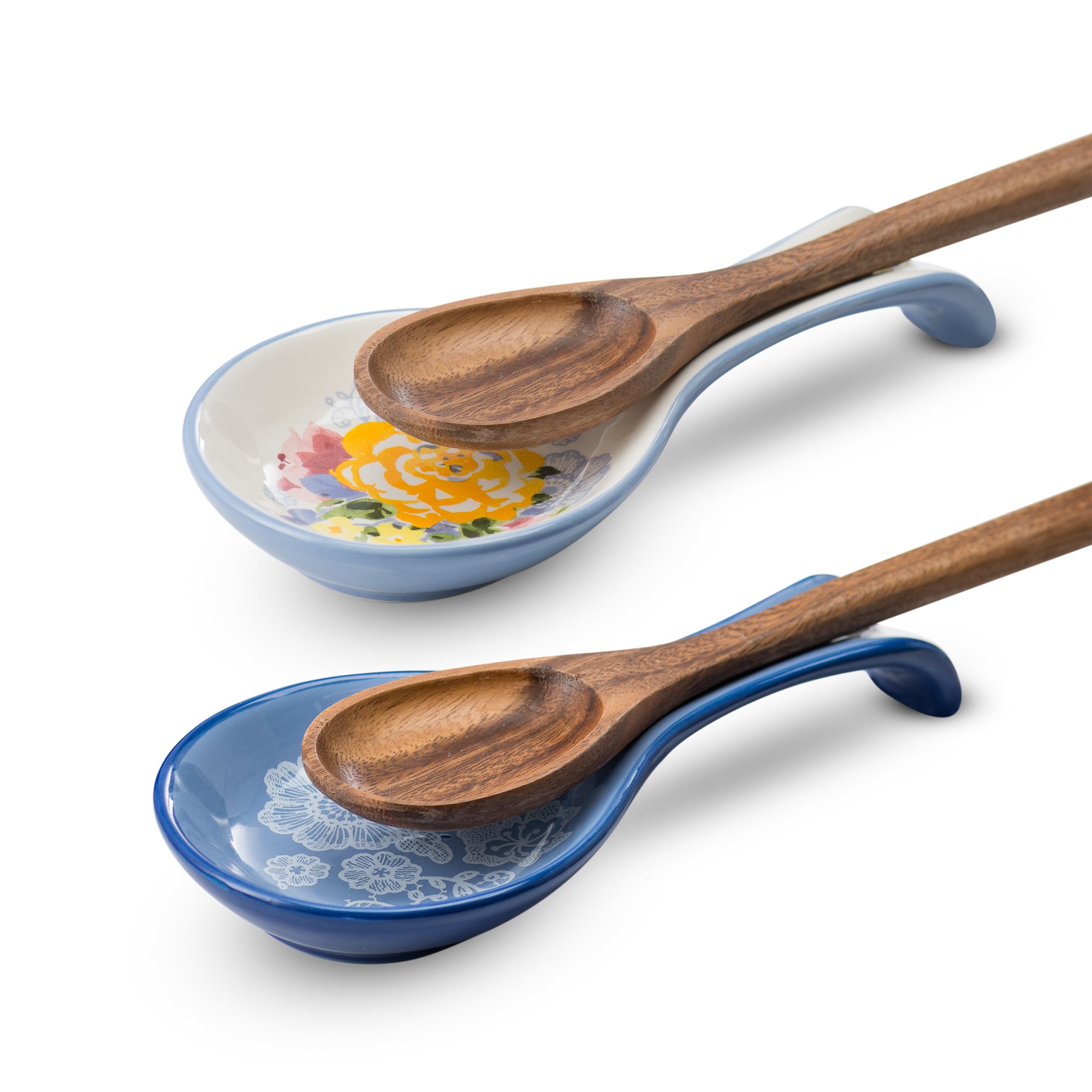 Kook Ceramic Spoon Rest Set of 2 - Floral Stovetop Utensil Holder for Kitchen & Coffee Bar, Farmhouse Decor, Dishwasher Safe - Perfect for Cooking, Serving & Home Decor