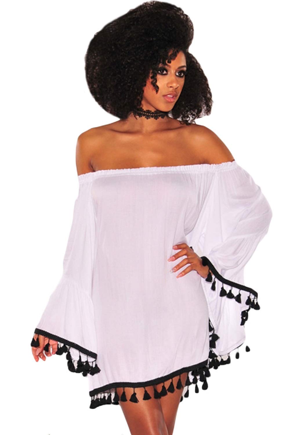 JJ-GOGO Women's Bohemian Black Off Shoulder Dress with Tassel Trim - Flowy Summer Maxi Dress for Beach, Festival & Vacation Wear