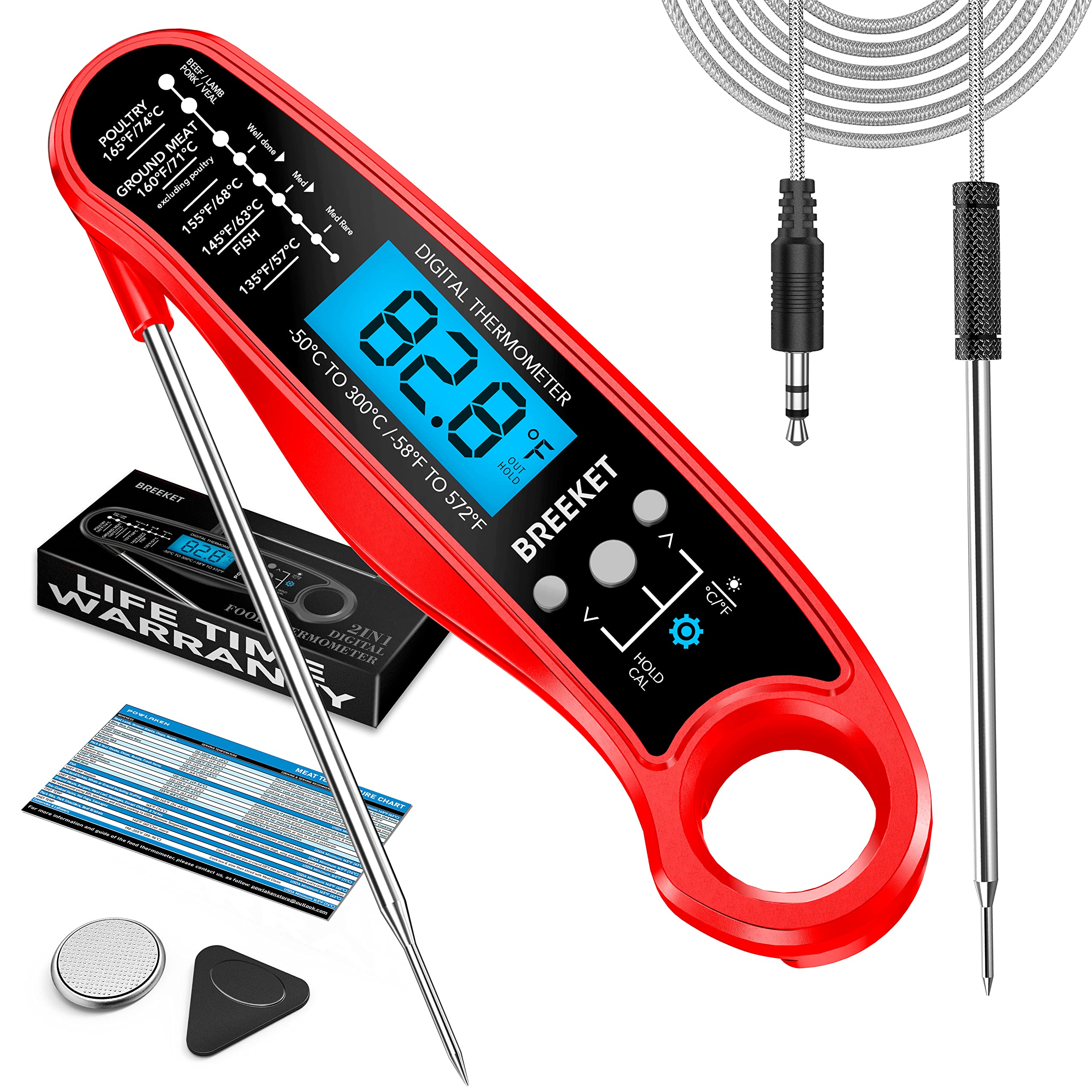 2022 New 2 in 1 Instant Read Digital Meat Thermometer - Fast & Accurate Cooking Thermometer with Backlight, Magnet, Foldable Probe for Kitchen, Oven, Deep Fry, BBQ, Grill - Perfect for Home Chefs and Outdoor Cooking (Red)