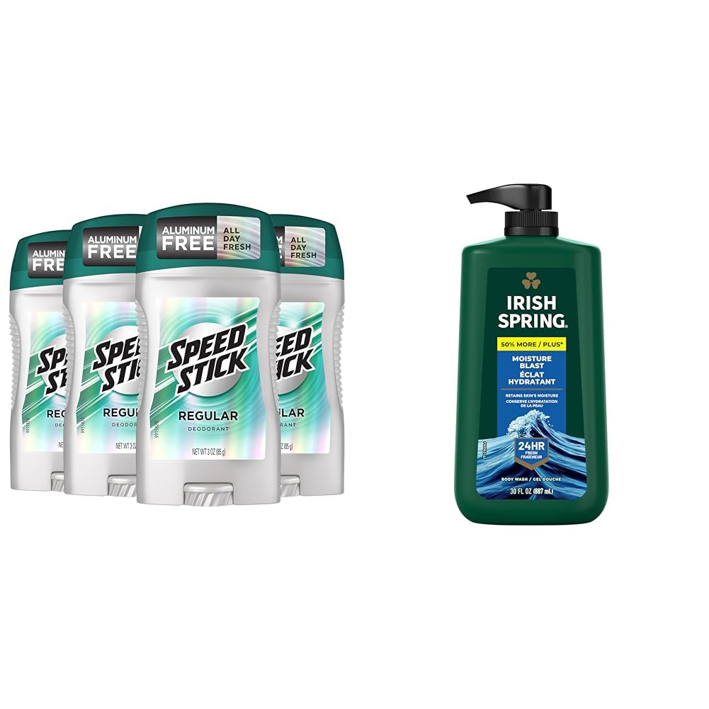 Speed Stick Men's Deodorant 4 Pack & Irish Spring Body Wash 30 Oz - Fresh Scent for All-Day Protection | Gym, Work & Travel Essentials