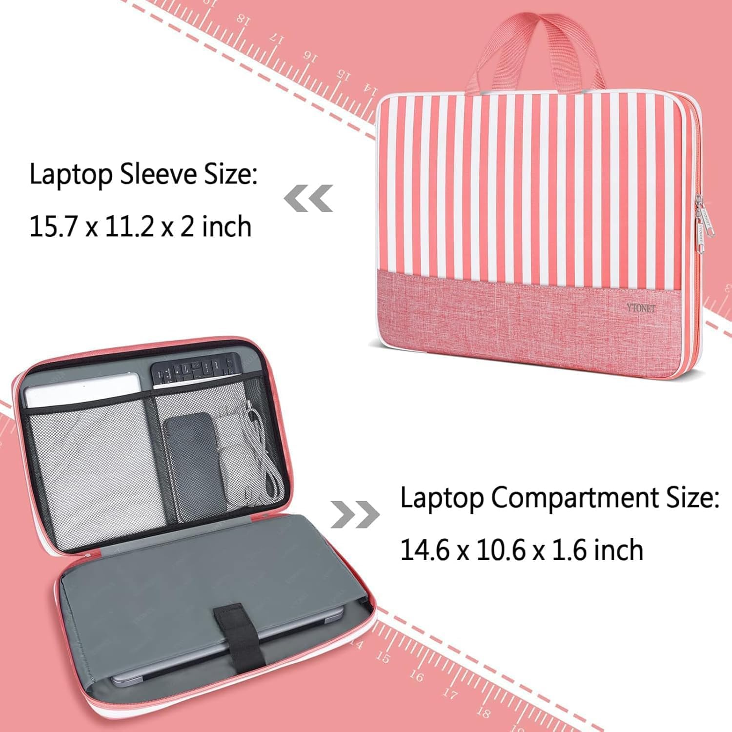 Ytonet 15.6 Inch Laptop Sleeve Case - Water Resistant Protective Cover with Handle, TSA Approved, Compatible with HP, Dell, Lenovo, Asus Notebooks, Stylish Pink Stripes Design, Perfect for Work, Travel, and School