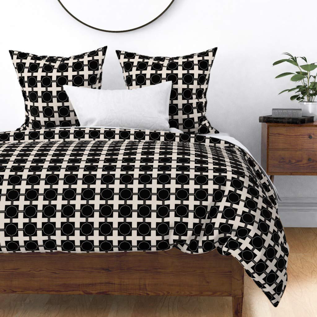 Custom Hollywood Black Champagne Dots & Stripes Cotton Sateen Duvet Cover - Full/Queen Size Bedding Set for Modern Home Decor | Perfect for Master Bedroom, Guest Room & Airbnb Styling