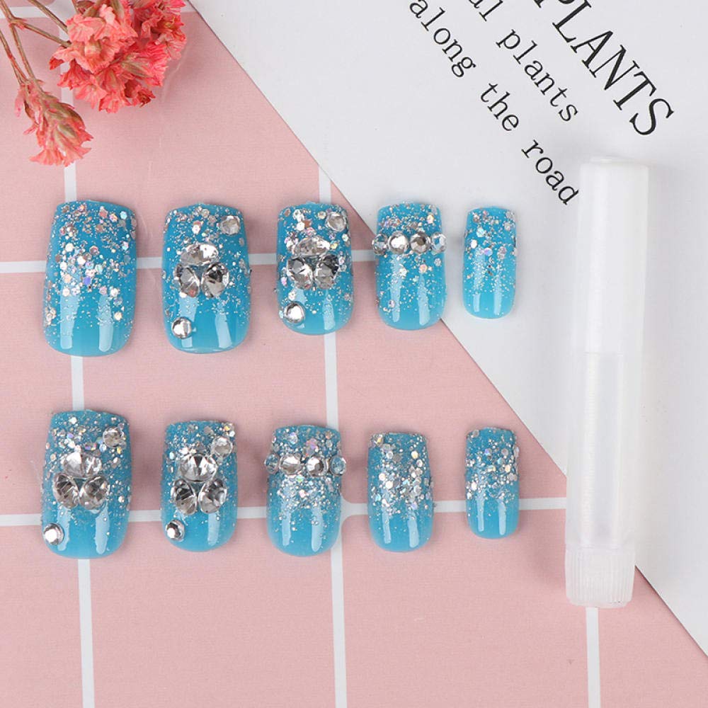 HUJL False Nails - Short Rhinestone Wedding Fake Nails for Bride, 3D Copper Blue Artificial Nail Tips with Full Wrap Design | Perfect for Bridal Showers, Weddings, and Special Occasions