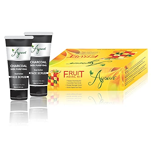 Aysun Fruit Facial Kit & Charcoal Face Scrub Combo Pack of 3 - Natural Exfoliating & Cleansing Set for Glowing Skin - Perfect for Daily Skincare Routine & Spa Day at Home