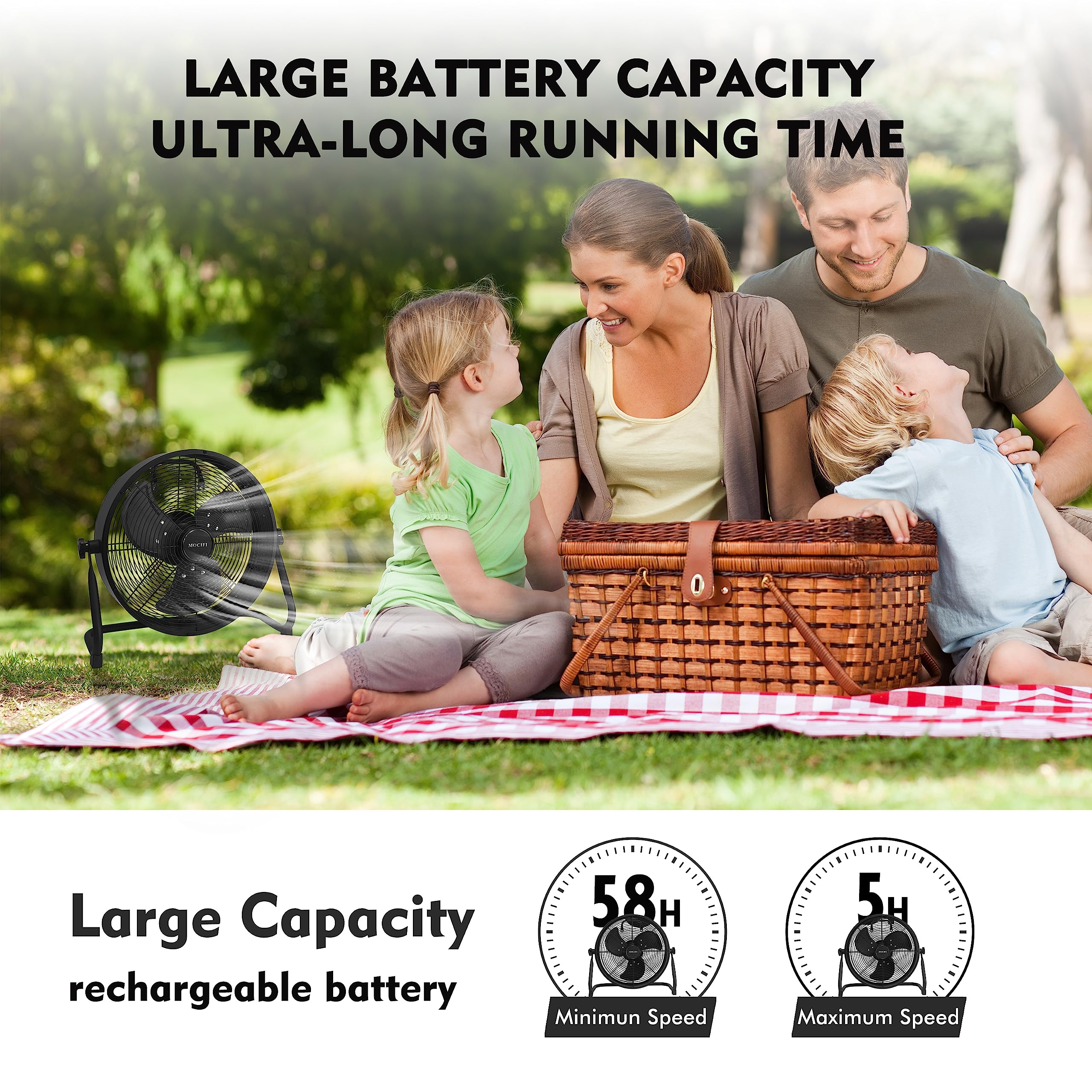 12-Speed Rechargeable Battery Operated Floor Fan - High Velocity Portable Cordless Outdoor Fan with USB Phone Charging - Ideal for Camping, Travel, Patio, Indoor Use - 12 Inch Black Fan with Black Blades