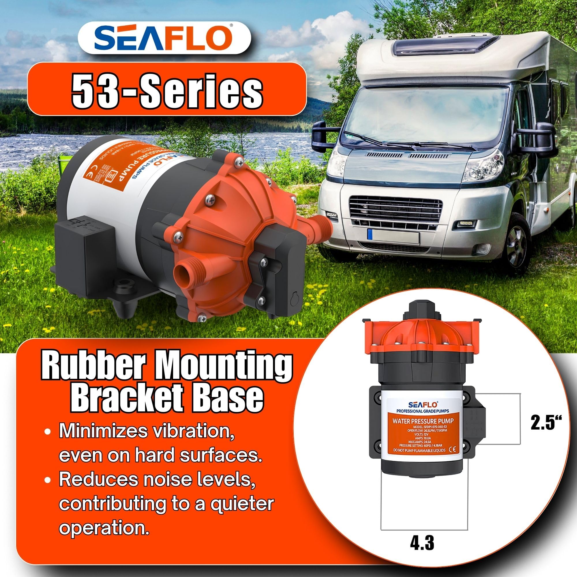 SEAFLO 53-Series 12V DC Diaphragm Water Pump - 7.0 GPM, 60 PSI, Heavy Duty Self-Priming Pump with Pressure Switch | Perfect for RV, Marine, Off-Grid Water Systems & Agricultural Irrigation | 4-Year Warranty