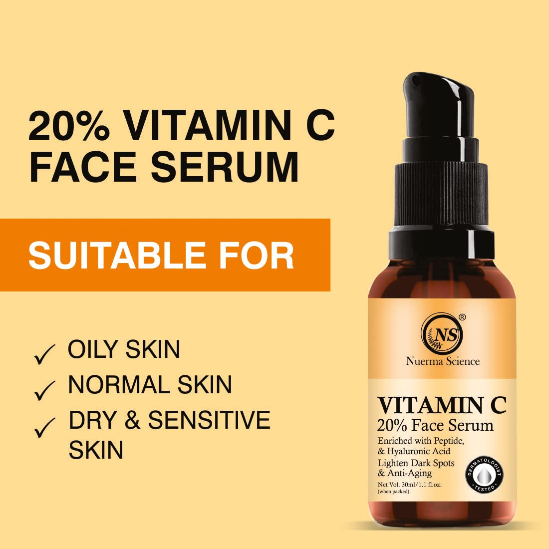 Nuerma Science 20% Vitamin C Serum with Hyaluronic Acid & Vitamin E - Dark Spot Corrector, Anti-Aging Face Serum for Brighter Skin, Reduces Pigmentation & Wrinkles (30ml) - Perfect for Morning Skincare Routine & Night Treatment